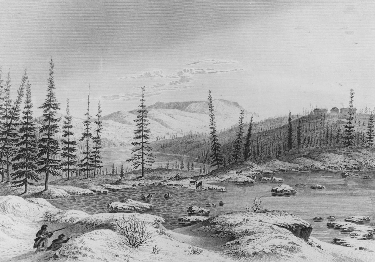 Metsästäjät väijyvät karibuja Fort Enterprizessa Franklinin retkikunnan aikana, 1821. tekijältä George Back