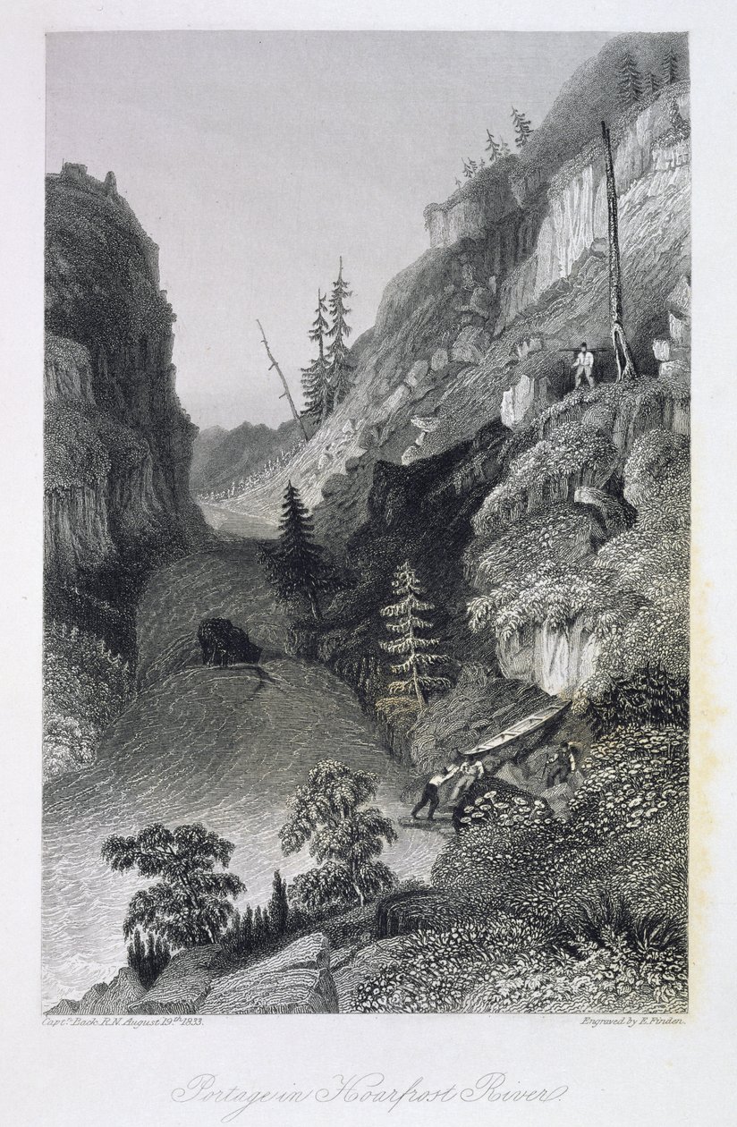 Portage in Hoarfrost River, 19. elokuuta 1833, "Kertomus Arctic Land Expedition to the Mouth of Great Fish River and Along the Shores of the Arctic River in the Years 1833-35", kirjoittaja Cap tekijältä George Back
