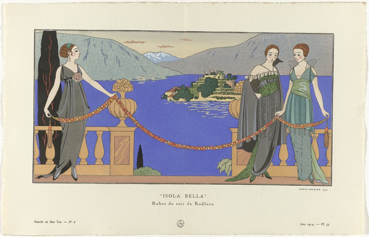 Gazette du Bon Ton, 1914 - nro 6, pl. 57: Isola Bella/ Redfernin iltapuvut (otsikko esineessä) tekijältä George Barbier