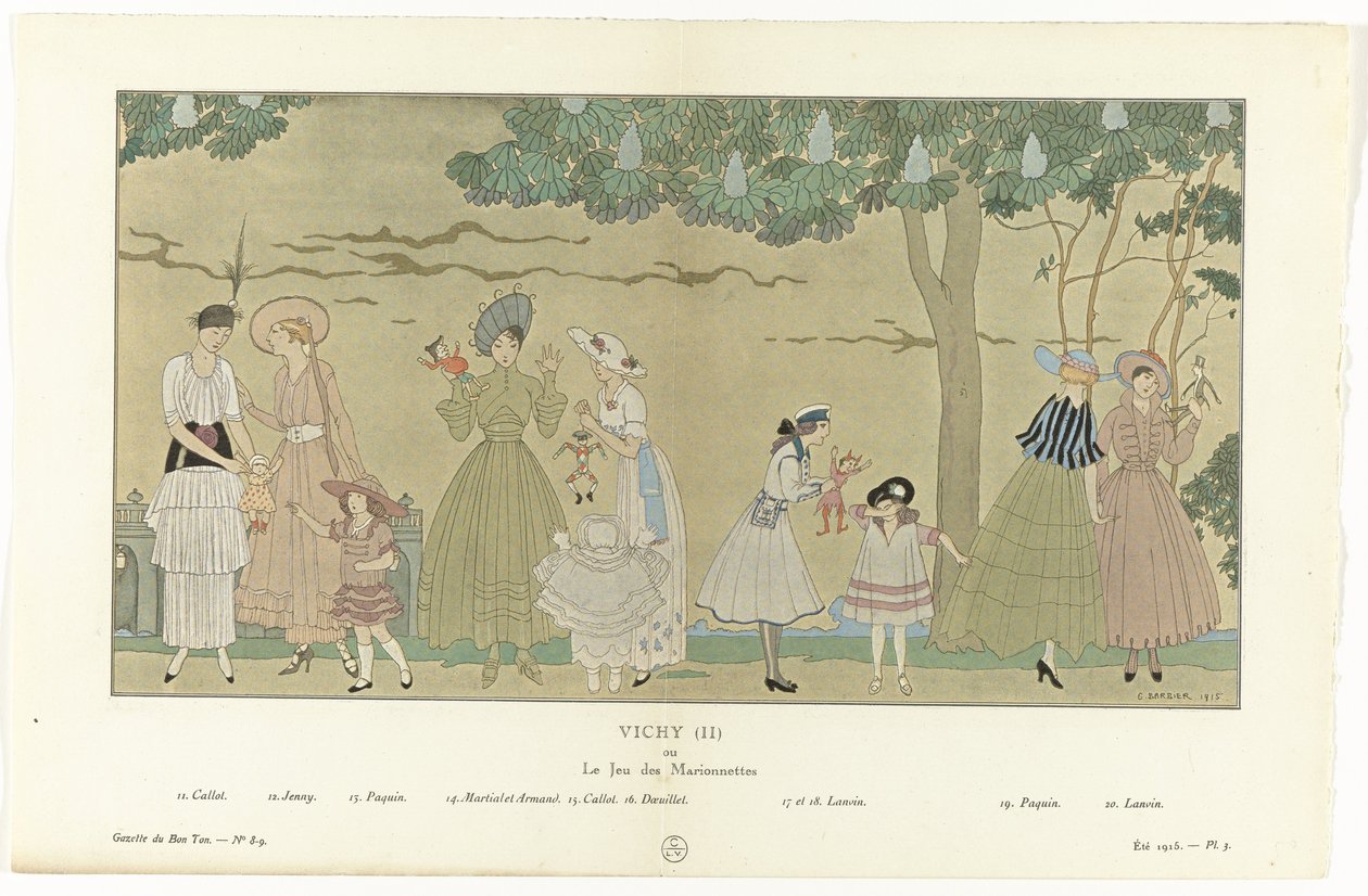 Gazette du Bon Ton, kesä 1915 - nro 8-9, osa 3: Vichy (II) / tai / Le Jeu des Marionnettes (otsikko esineessä) tekijältä George Barbier