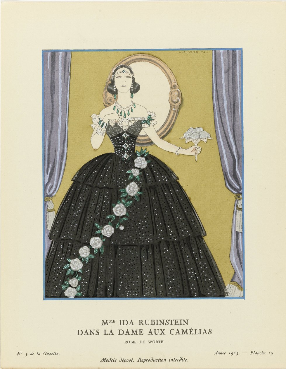 Rouva Ida Rubinstein elokuvassa La Dame aux Camélias, Gazette du Bon Ton, 1923. tekijältä George Barbier