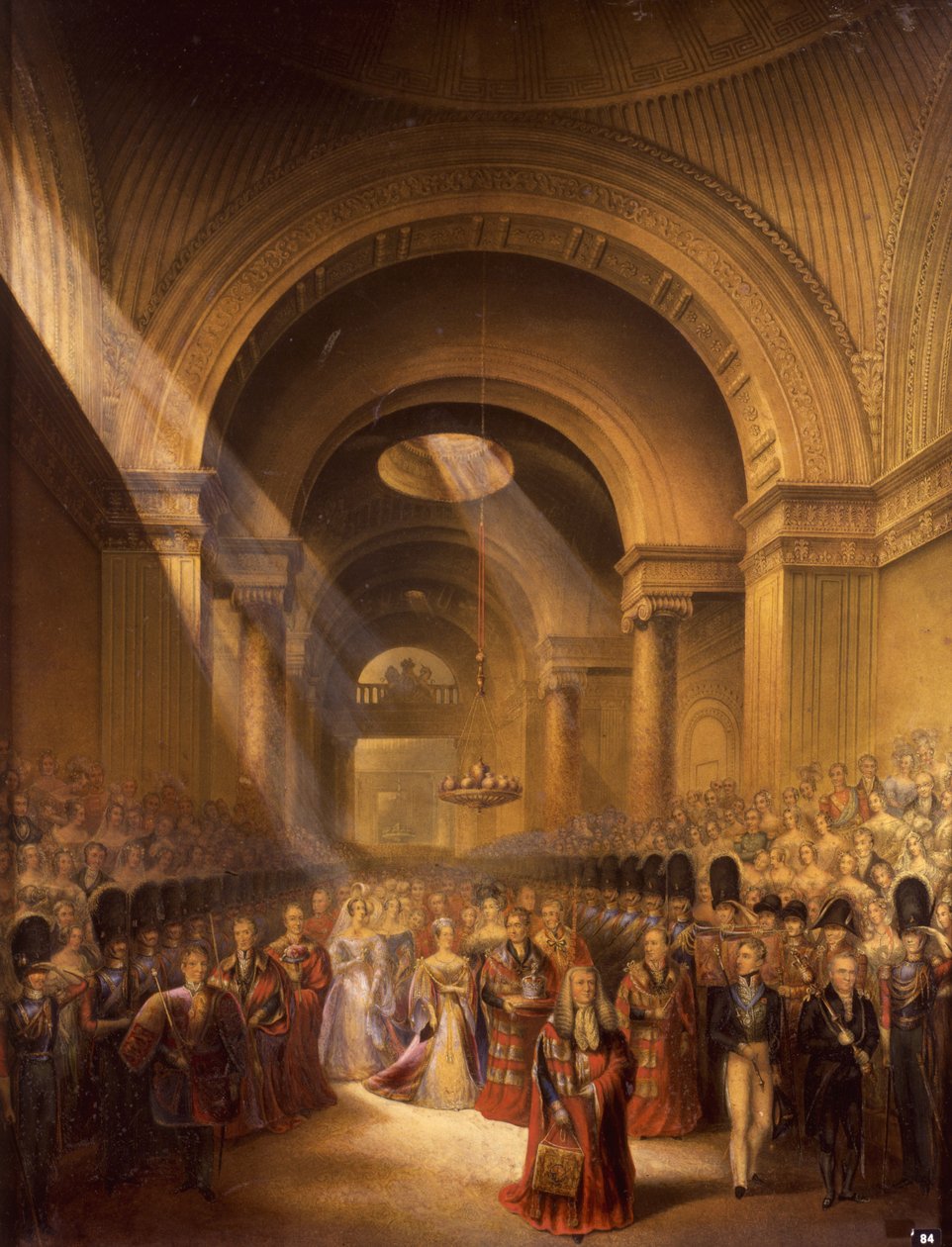Hänen armollisimman majesteettinsa kuningatar Victorian saapuminen ylähuoneeseen avaamaan ensimmäistä parlamenttiaan (painettu). tekijältä George Baxter
