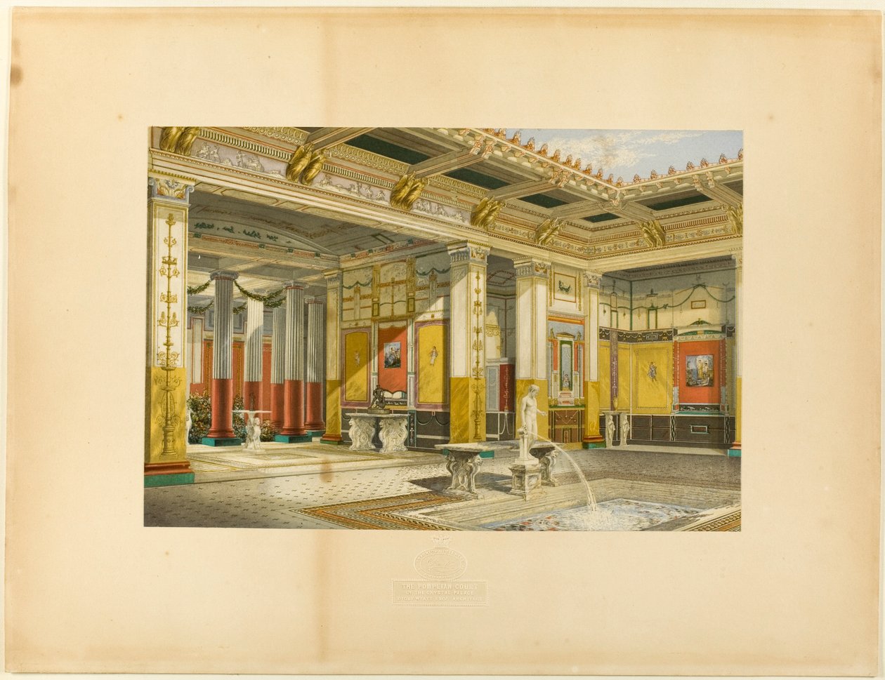 Crystal Palacen pompejilainen piha. Digby Wyatt, Esquire, arkkitehti tekijältä George Baxter