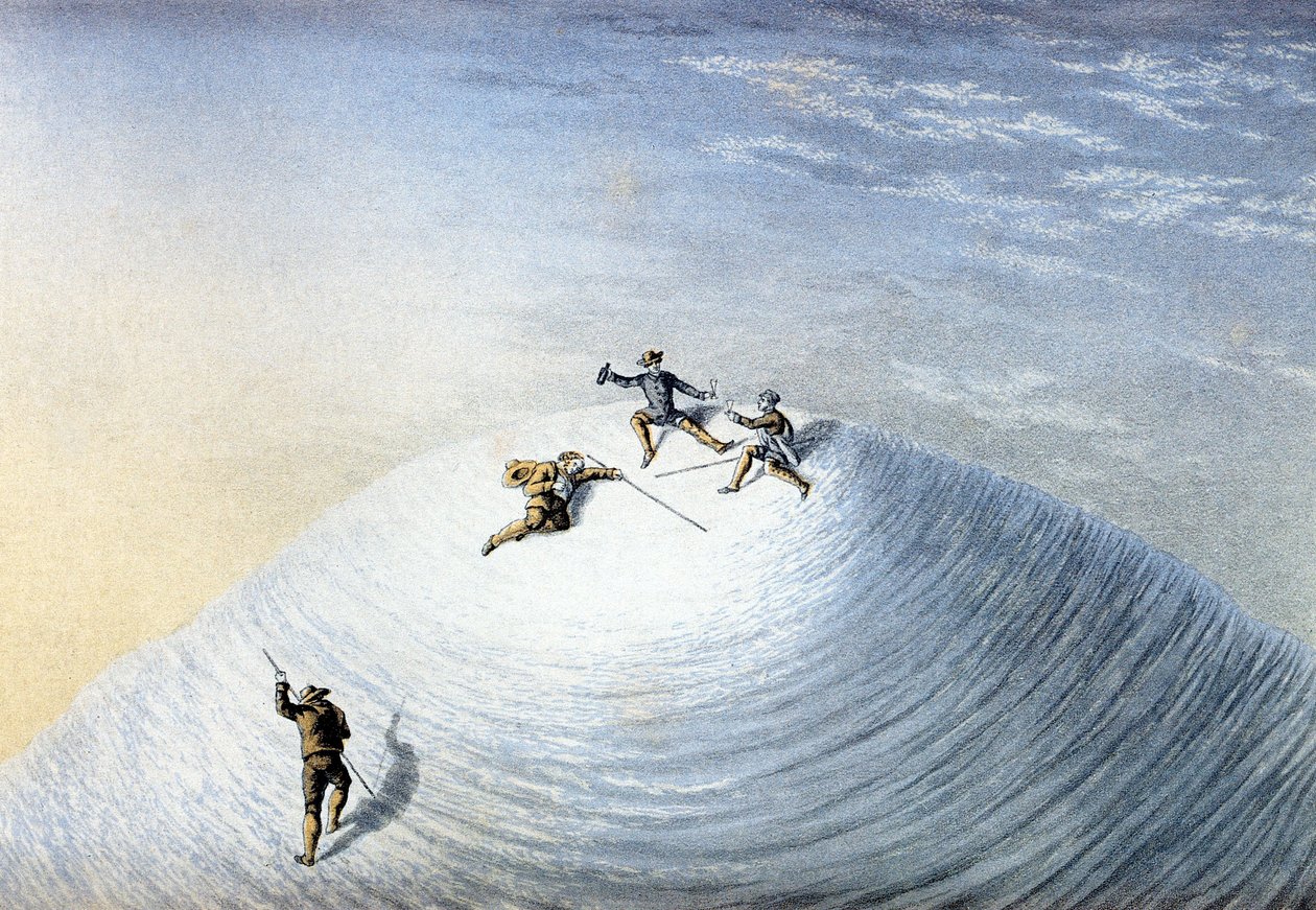 Albert Smithin tekemä Mount Blancin nousu vuonna 1851 (värillinen kaiverrus). tekijältä George Baxter