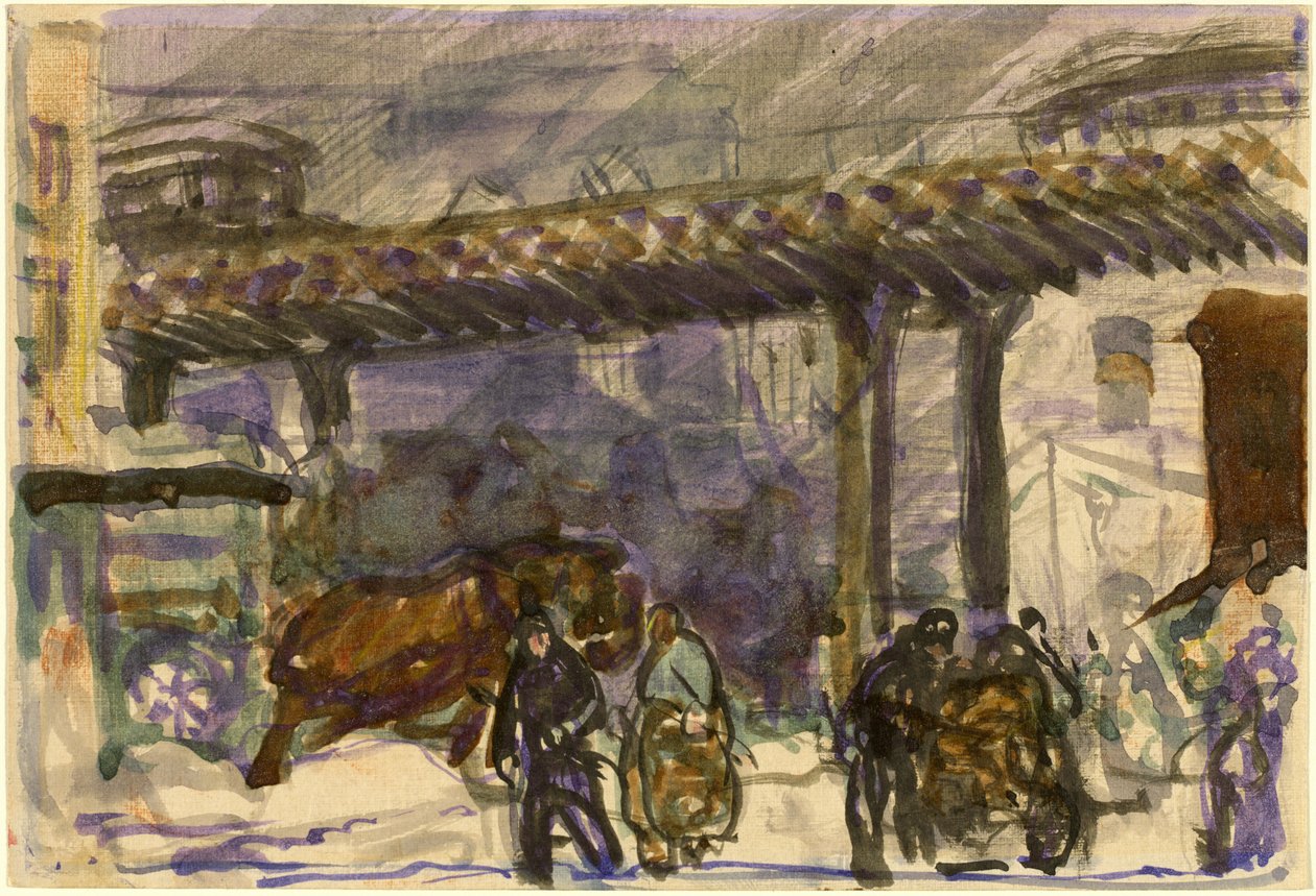 Talvipäivä - ilmaradan alla lähellä Brooklyn Bridgeä tekijältä George Bellows