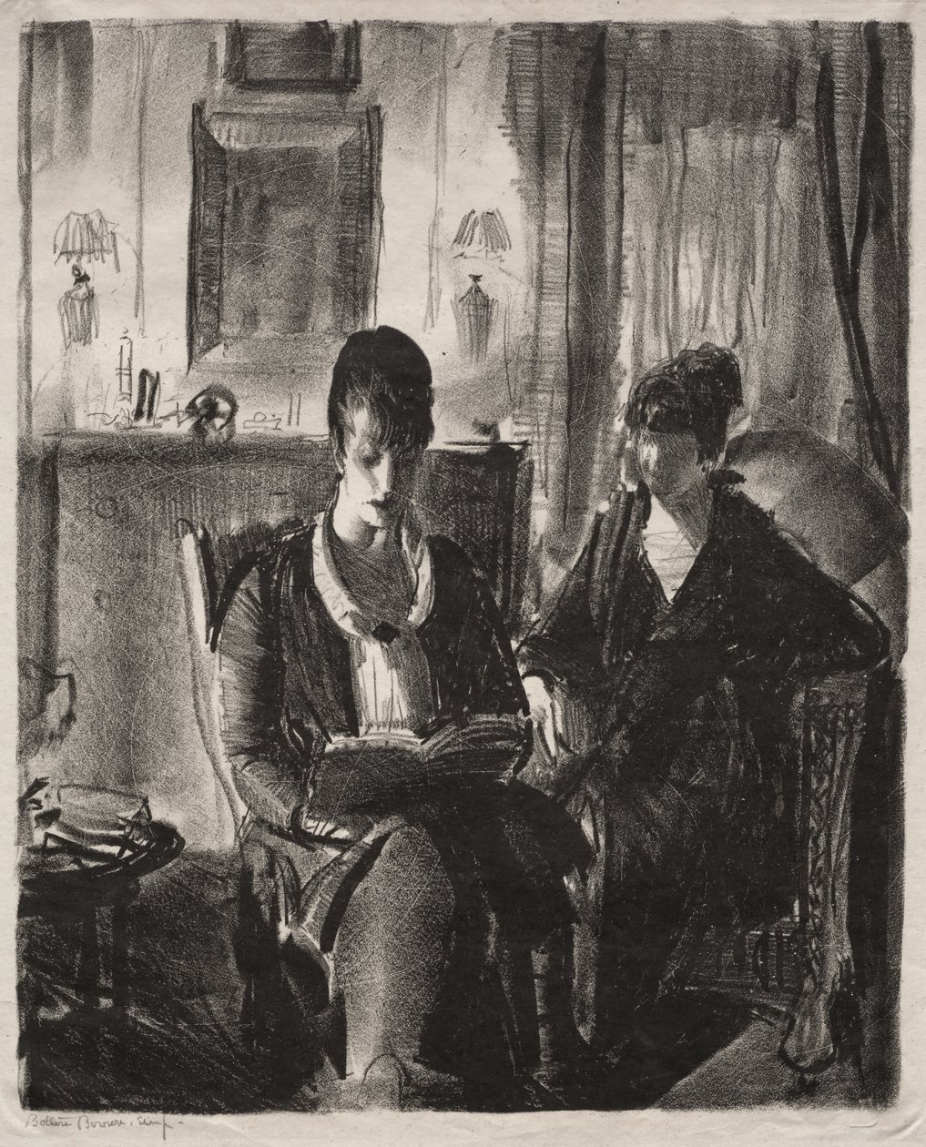 Elsie lukee Emmalle, ensimmäinen kivi tekijältä George Bellows