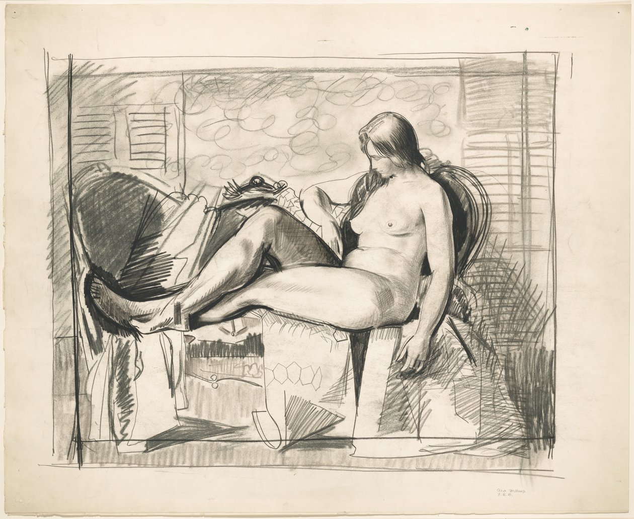 Luonnos teoksesta ”Alaston ja kuusikulmainen peitto” tekijältä George Bellows