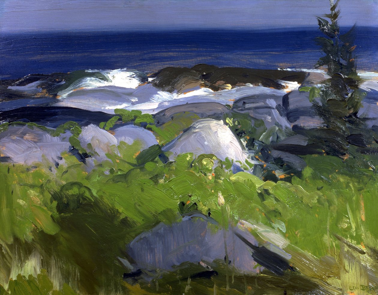 Viiniköynnösten peittämä ranta-Monheganin saari tekijältä George Bellows