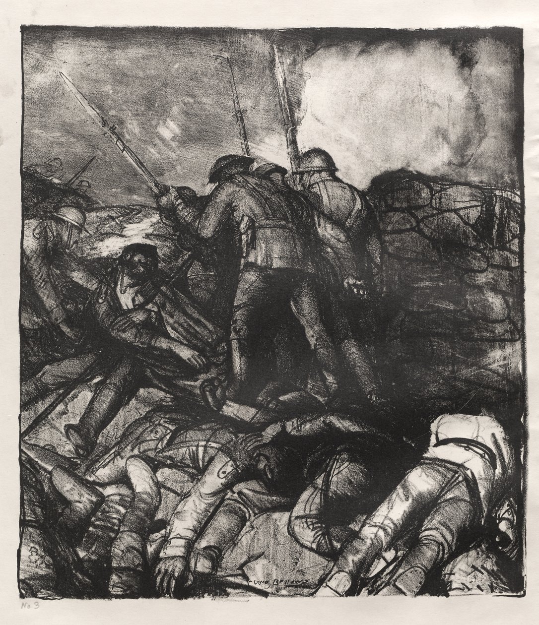 Sotasarja: Hyökkäys, oikea yksityiskohta, ensimmäinen vedostila tekijältä George Bellows