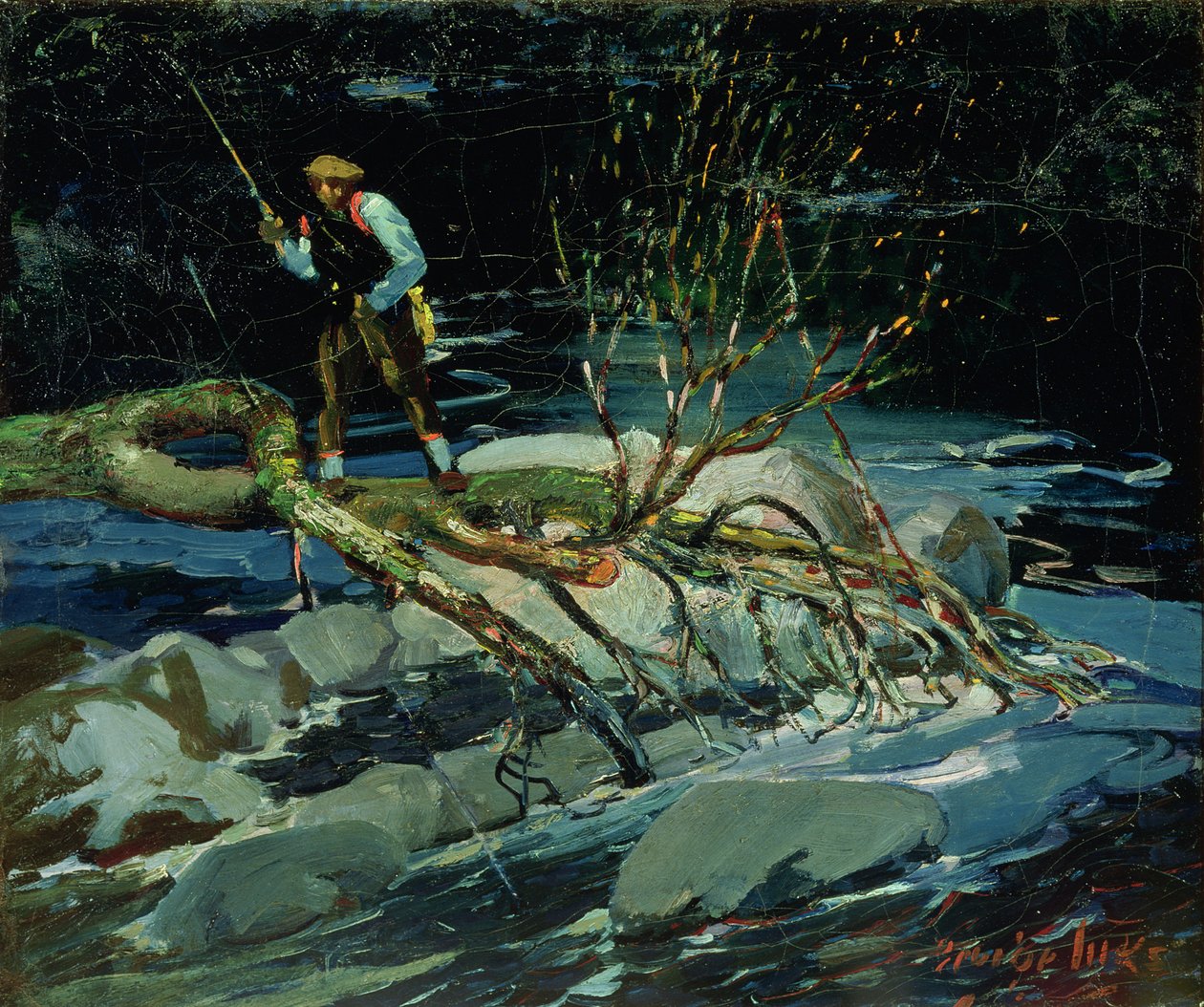 Taimenkalastus (öljy kankaalle) tekijältä George Benjamin Luks