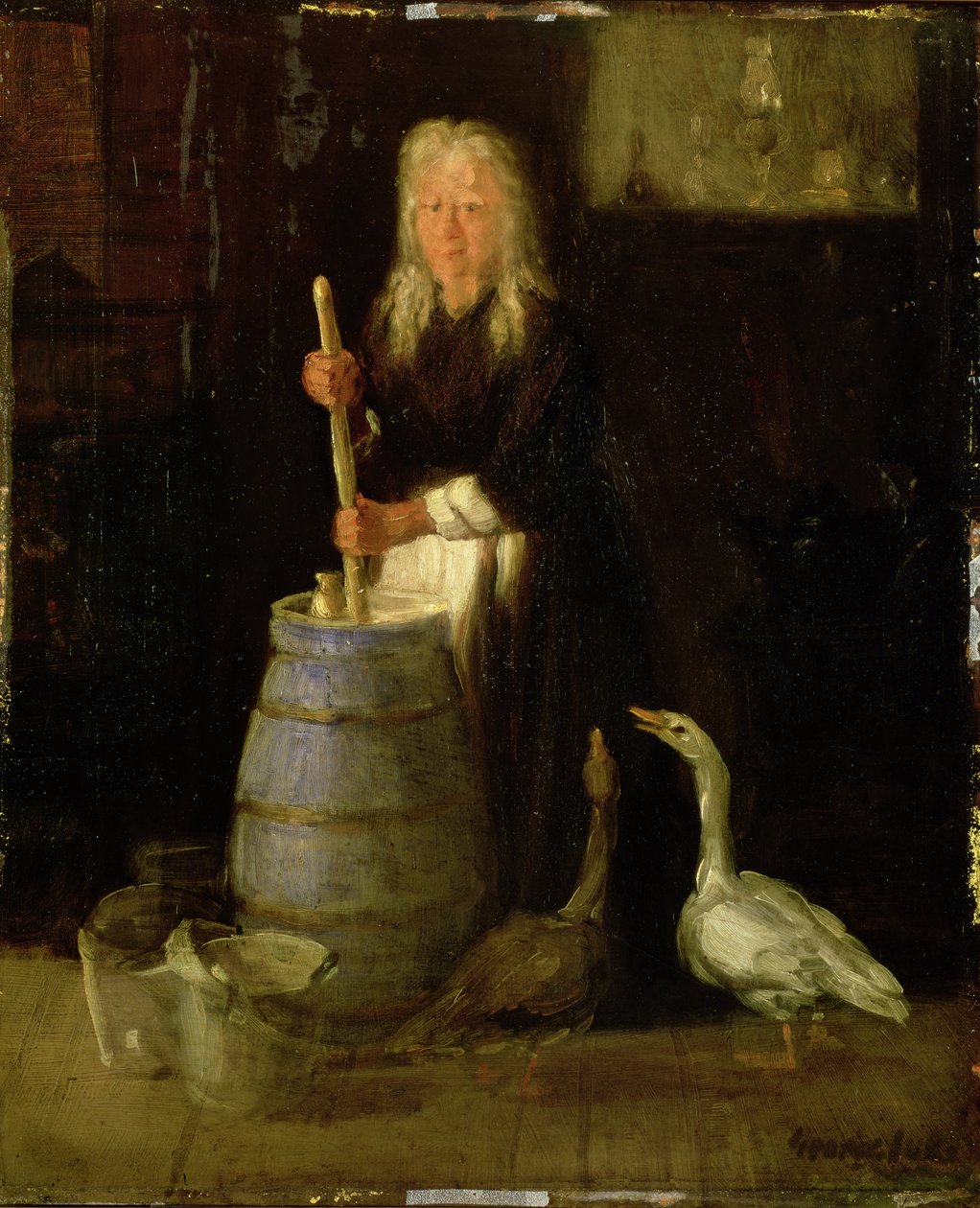 Nainen murskaa voita (öljy paneelissa) tekijältä George Benjamin Luks