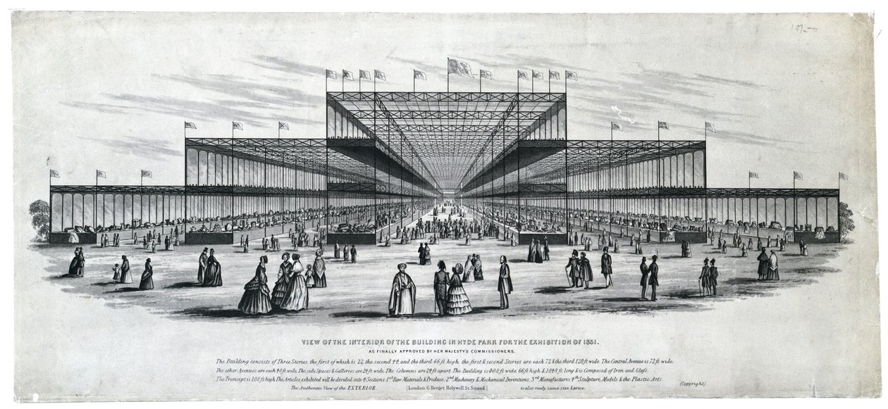 Näkymä Hyde Parkissa vuoden 1851 näyttelyä varten rakennetun rakennuksen sisätiloista. Hänen Majesteettinsa komissaarien lopullisesti hyväksymässä muodossa. tekijältä George Berger