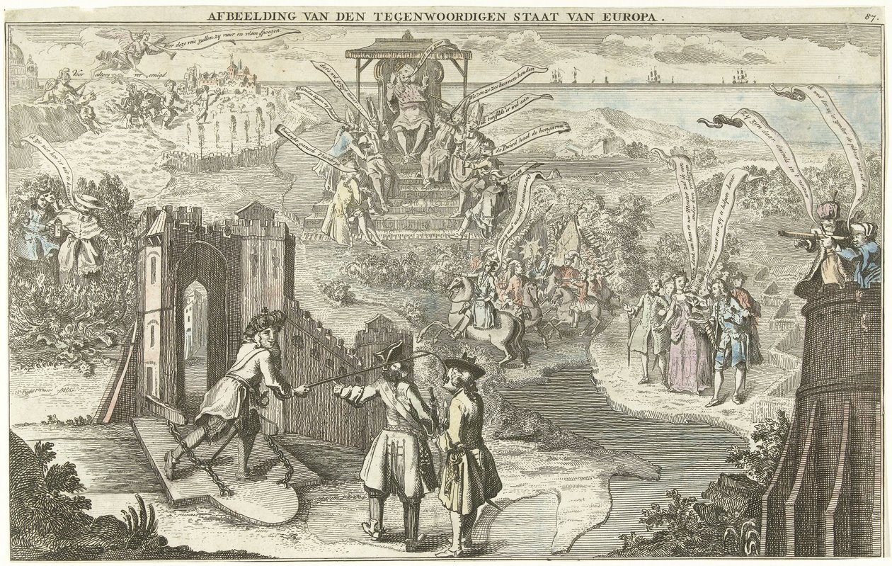Euroopan nykytila, 1742 Kuva Euroopan nykytilasta (otsikko esineessä) tekijältä George Bickham (II)