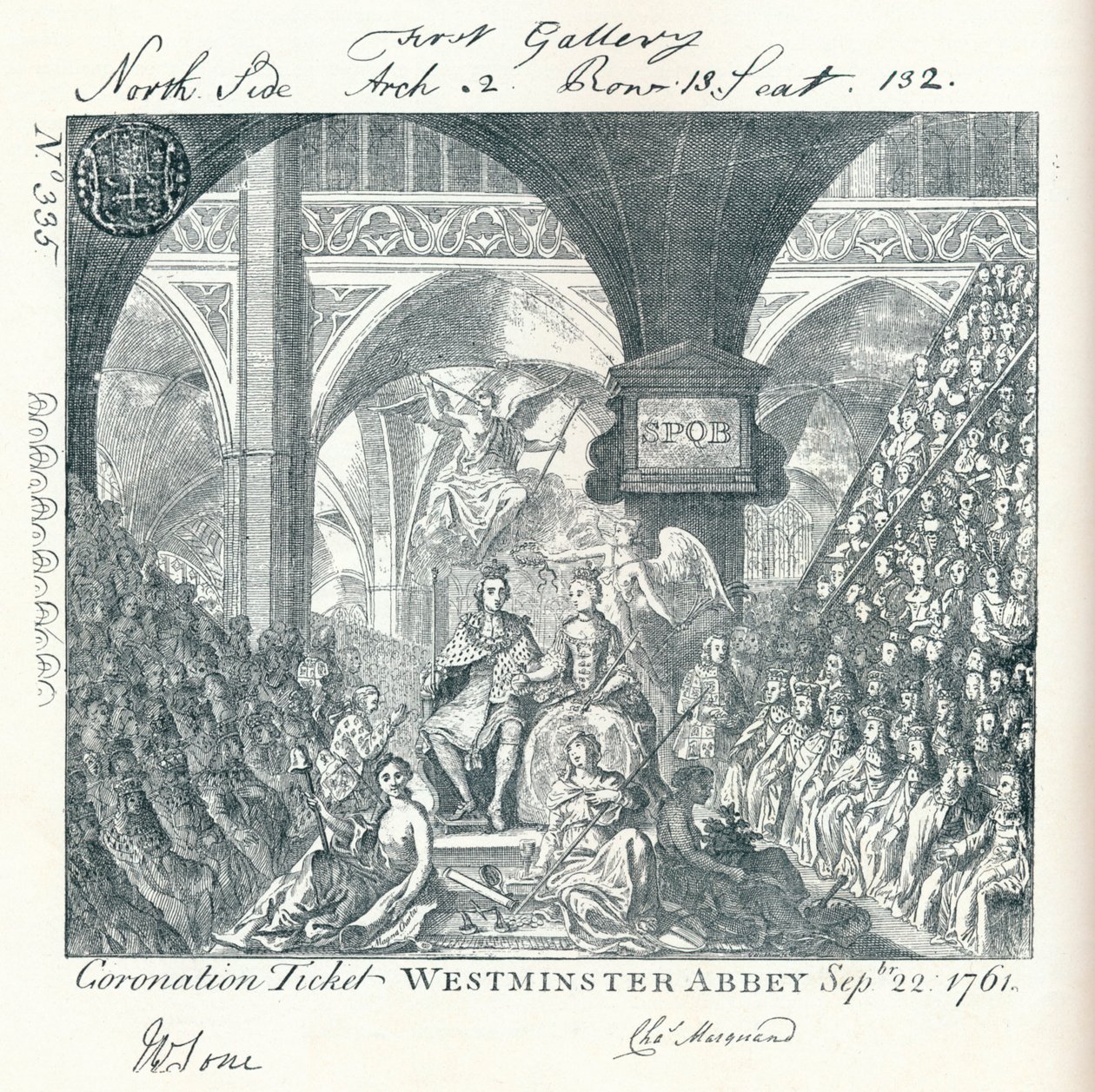 Kaiverrettu lippu George III:n kruunausseremoniaan Westminster Abbeyssa 1761 1906 tekijältä George Bickham