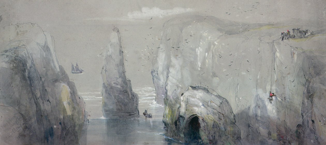 Näkymä Flamborough Head, jossa ryhmä miehiä keräämässä lokkien munia tekijältä George Bryant Campion