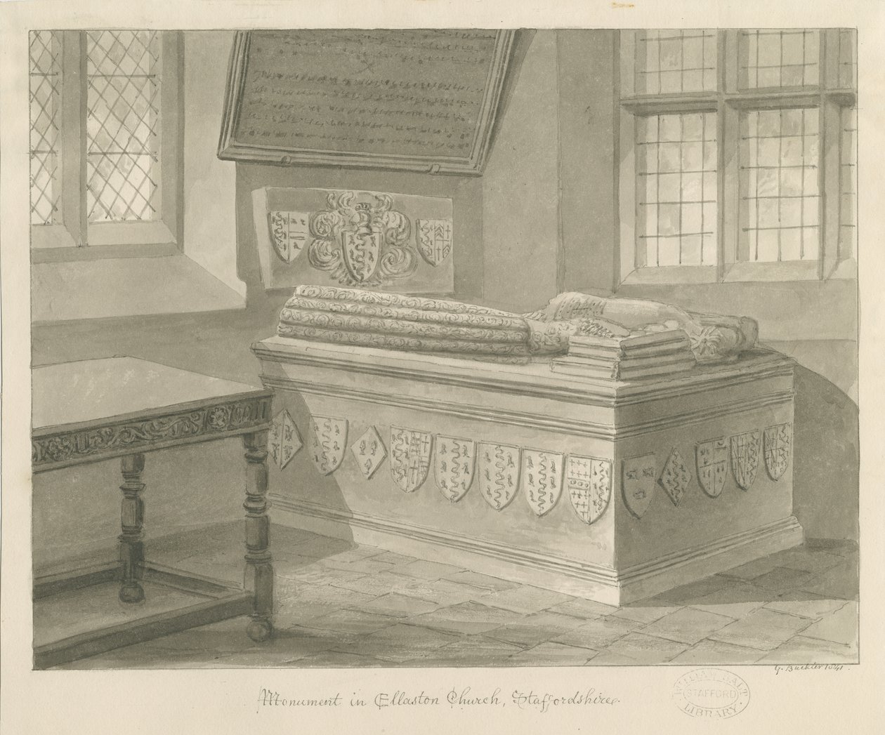 Ellastonen kirkko - Sir John Fleetwoodin muistomerkki: seepiapiirros, 1841 tekijältä George Buckler
