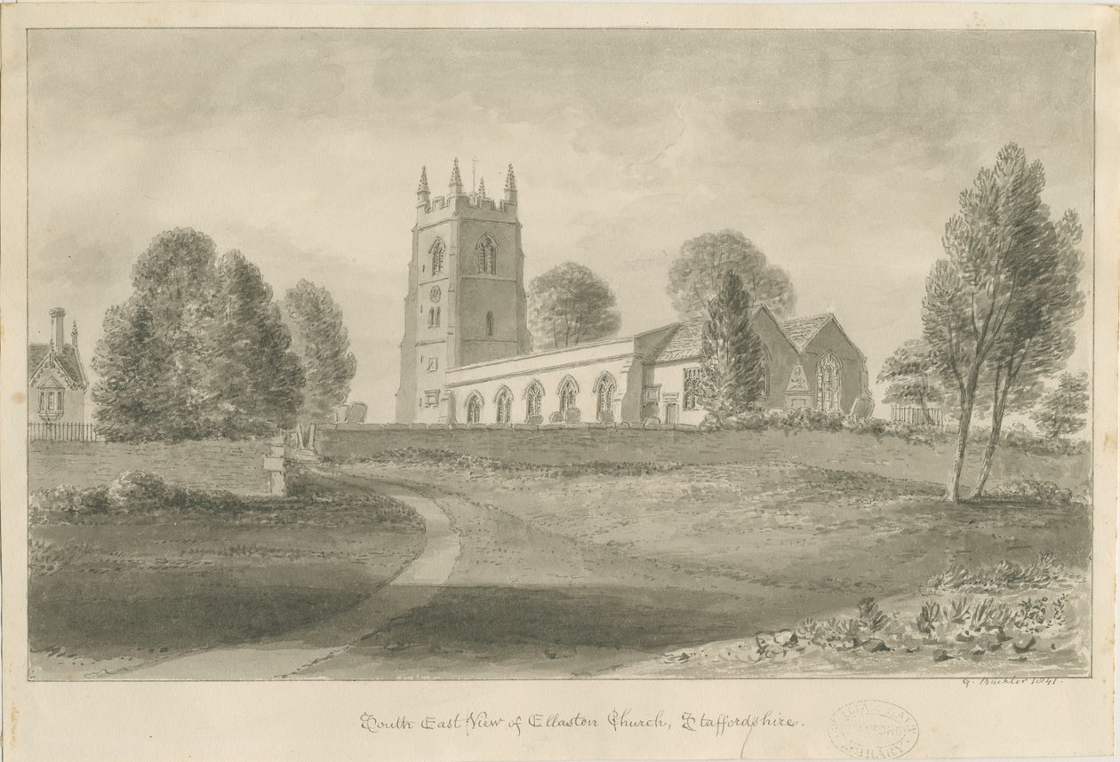 Ellastonen kirkko: seepiapiirros, 1841 tekijältä George Buckler