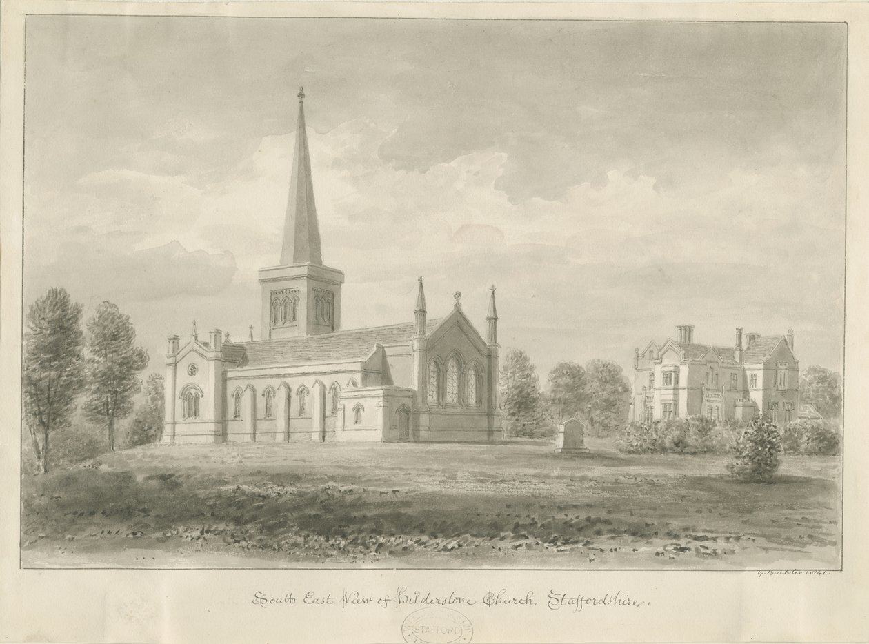Hilderstonen kirkko: seepiapiirustus, 1841 tekijältä George Buckler