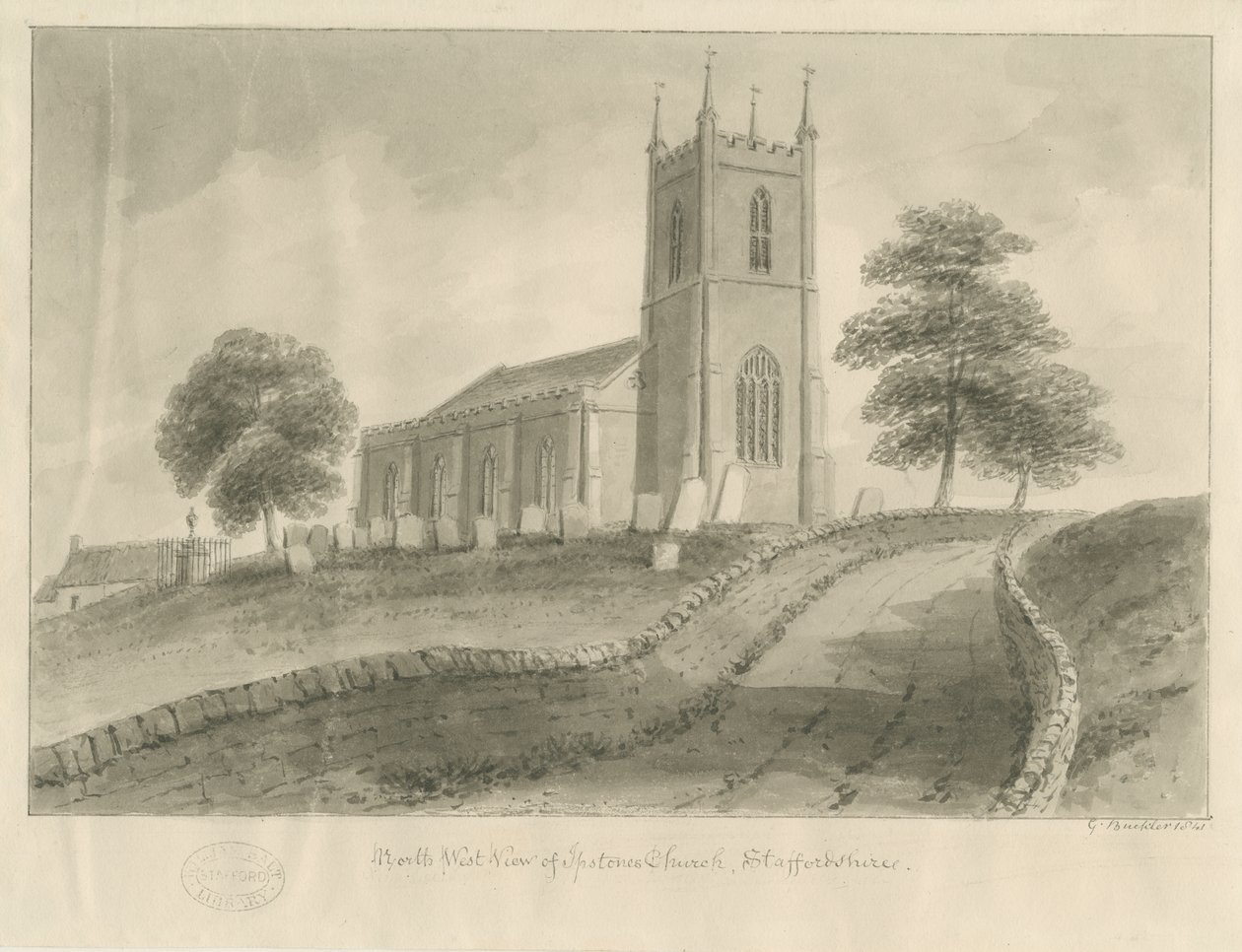 Ipstones Church: seepiapiirustus tekijältä George Buckler