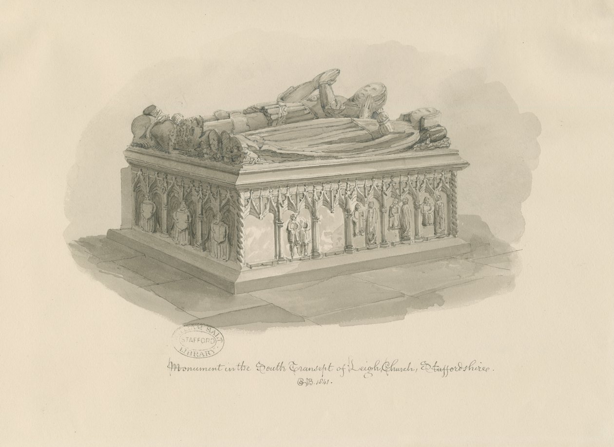Leigh Church - Sir John Astonin muistomerkki: seepiapiirros, 1841 tekijältä George Buckler