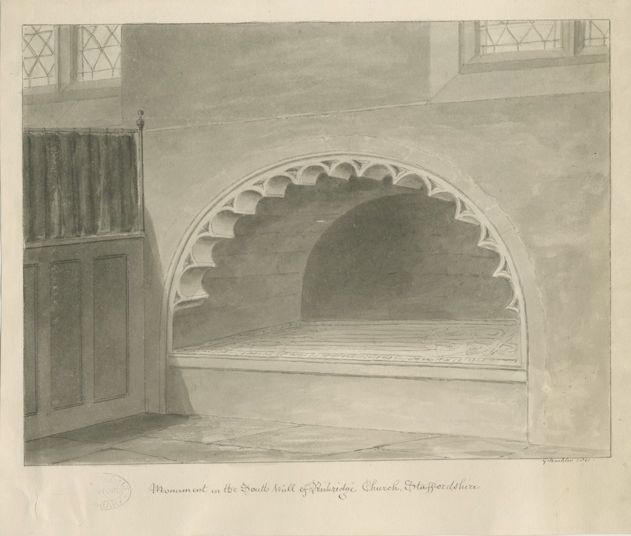 Penkridge Church - Monumentti South Wallissa: seepiapiirros, 1841 tekijältä George Buckler