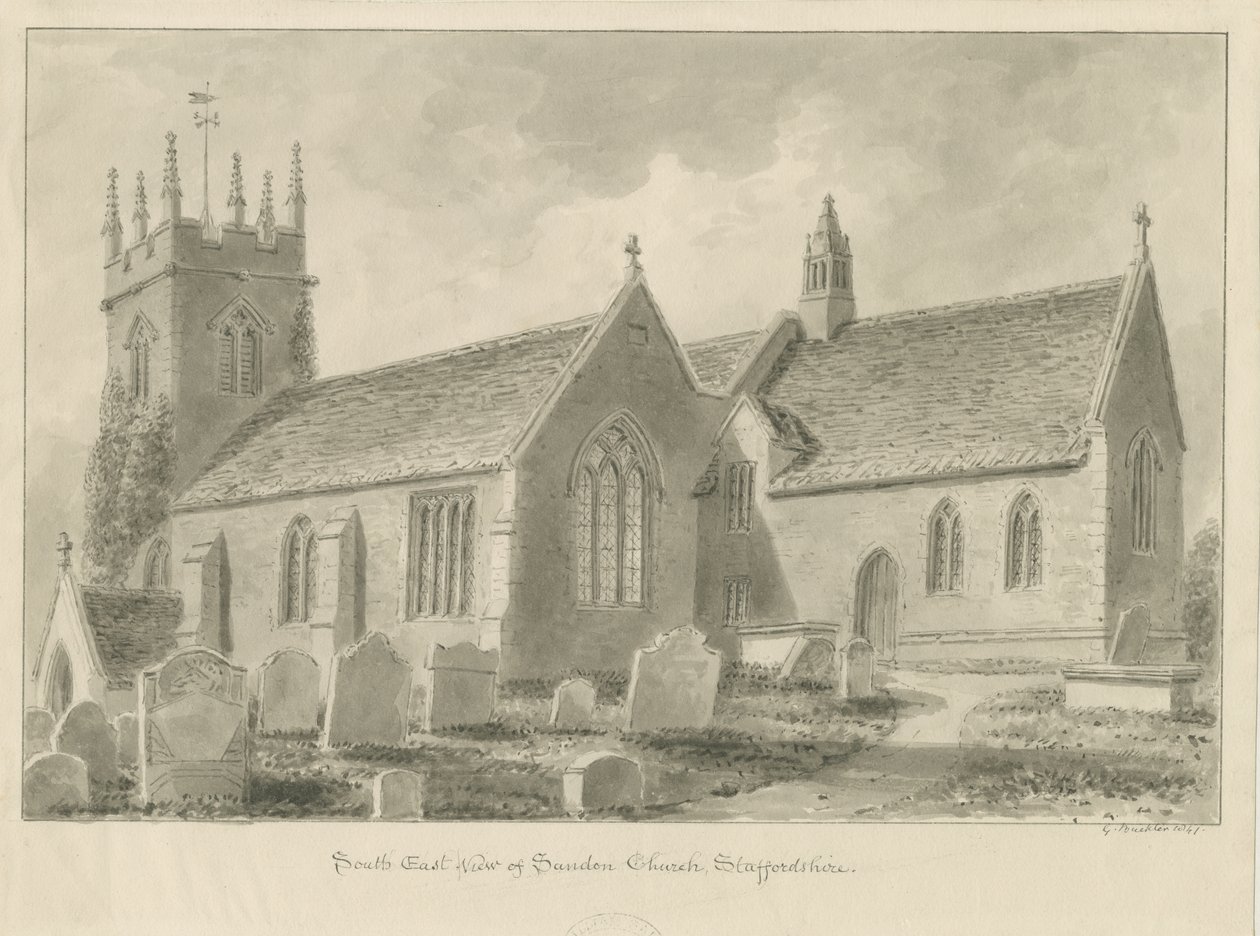 Sandon Church: seepiapiirros, 1841 tekijältä George Buckler