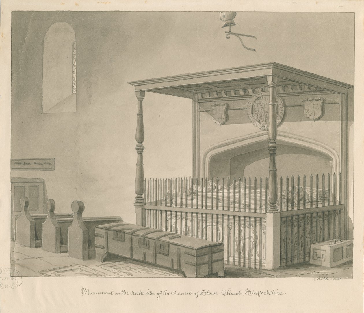 Stowen kirkko - Pöytähauta: seepiapiirros, 1841 tekijältä George Buckler