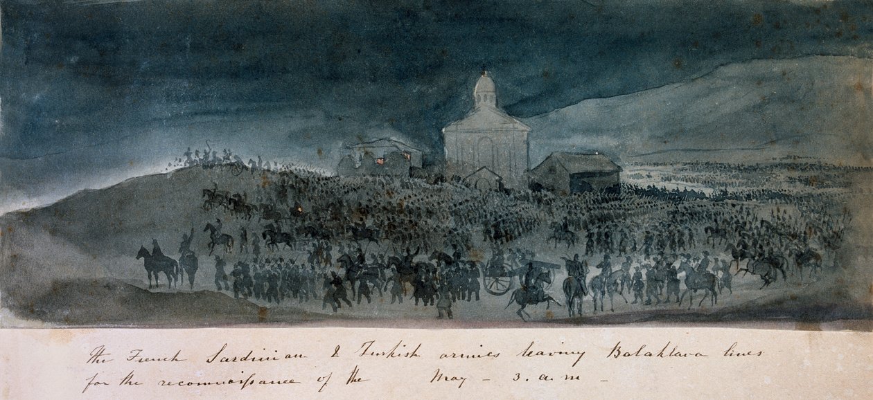 Ranskan, Sardinian ja Turkin armeijat lähtevät Balaklava-linjoista tiedustelulle, n. 1854 tekijältä George Cadogan