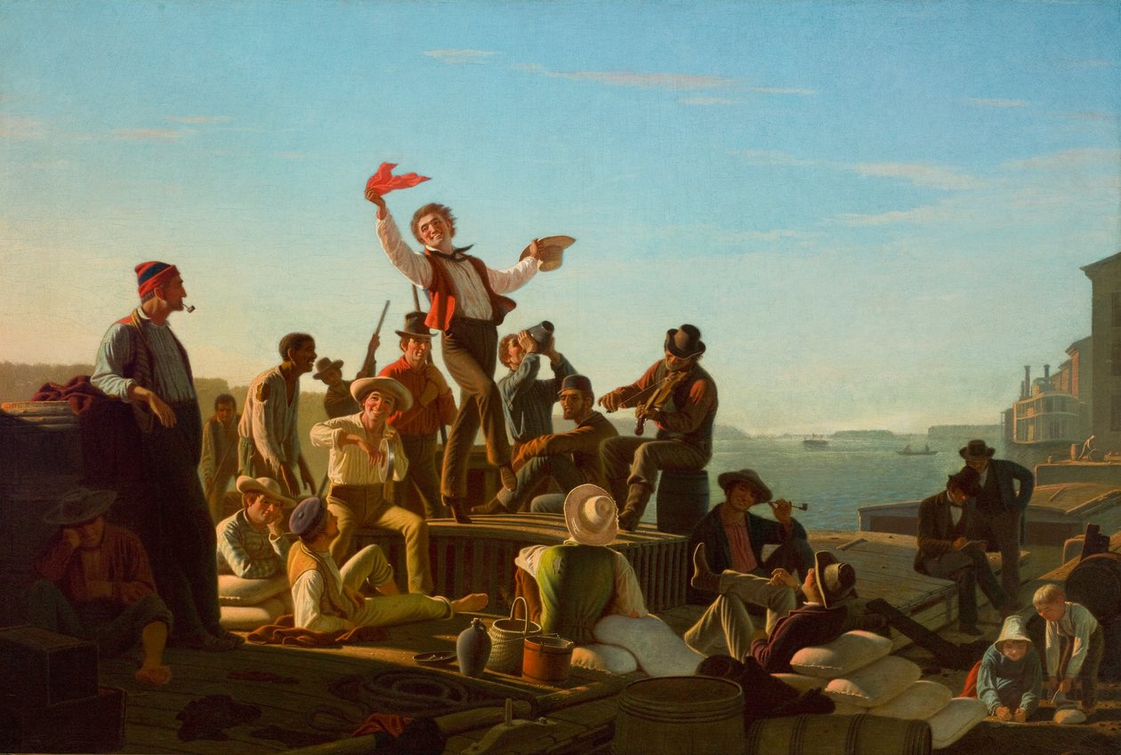 Jolly Flatboatmen satamassa tekijältä George Caleb Bingham