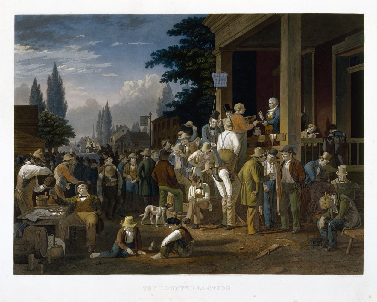 County Election, 1854 (mezzotint ja viivakaiverrus alkuperäisellä käsinvärjäyksellä) tekijältä George Caleb Bingham