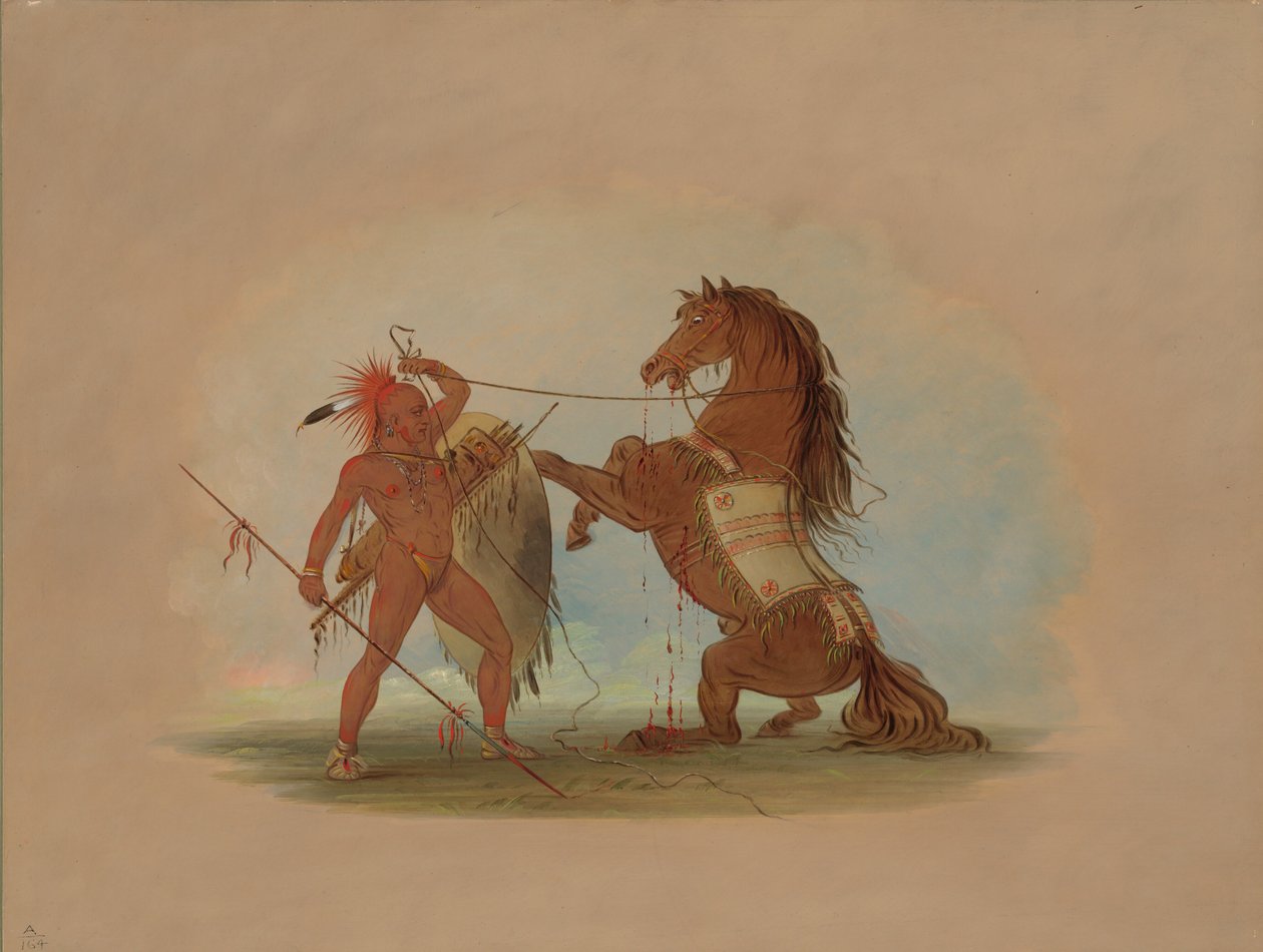 Pawnee-soturi uhraamassa suosikkihevosensa, 18611869. tekijältä George Catlin