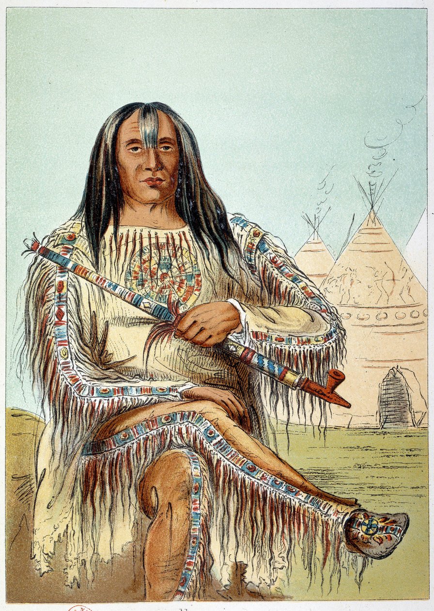 Amerikan intiaanit: Muotokuva mustajalka-heimon johtajasta (mustajalkainen) noin 50-vuotias. Kuvitus George Catlin (1794-1872) tekijältä George Catlin