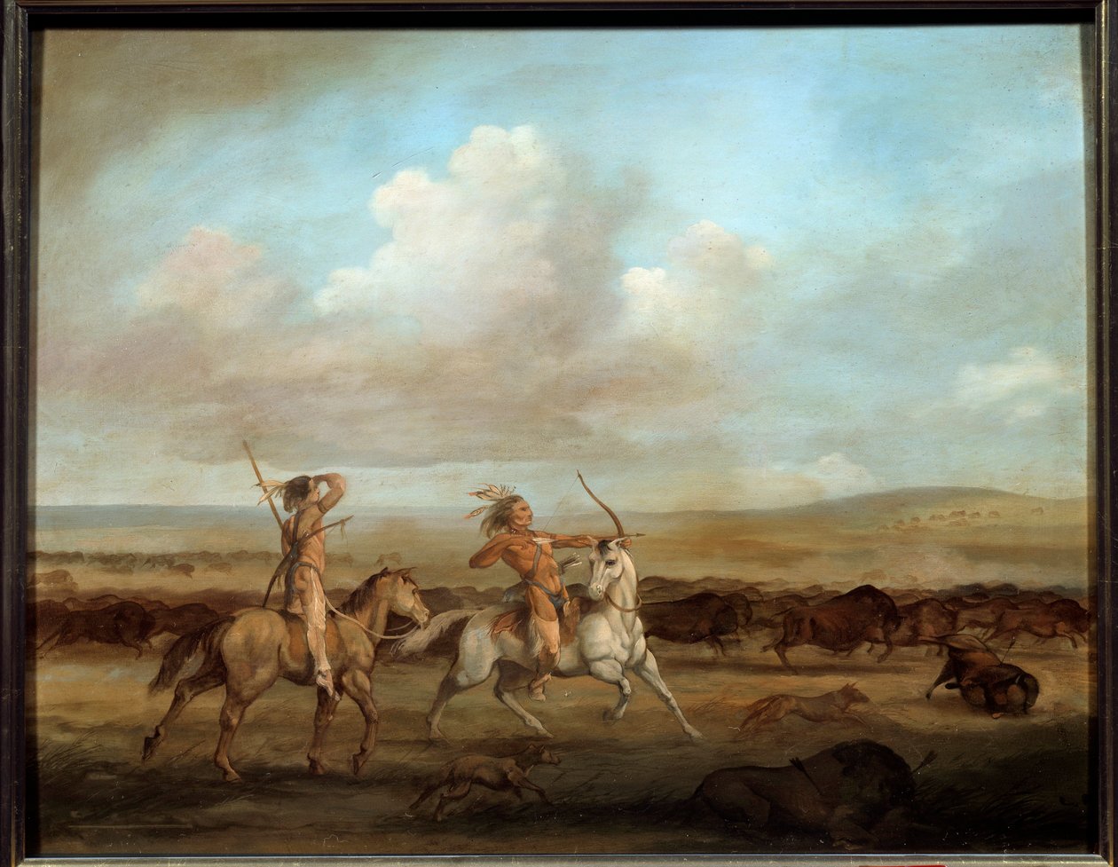 Amerikan intiaanit hevosella metsästämässä piisonia George Catlinin (1794-1872) maalaus tekijältä George Catlin