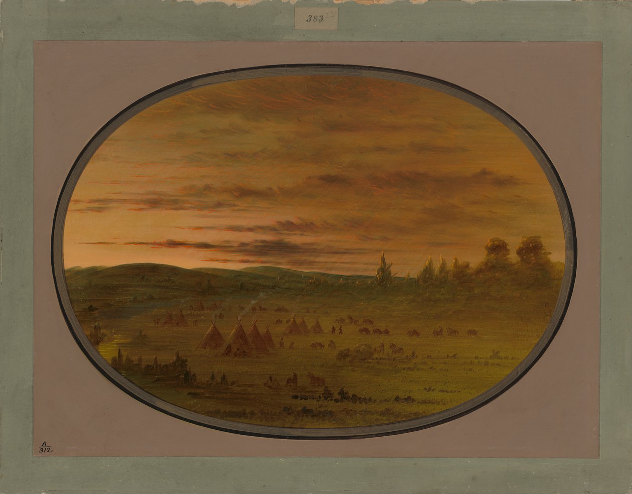 Intiaanileiri auringonlaskun aikaan, 1861-69 tekijältä George Catlin