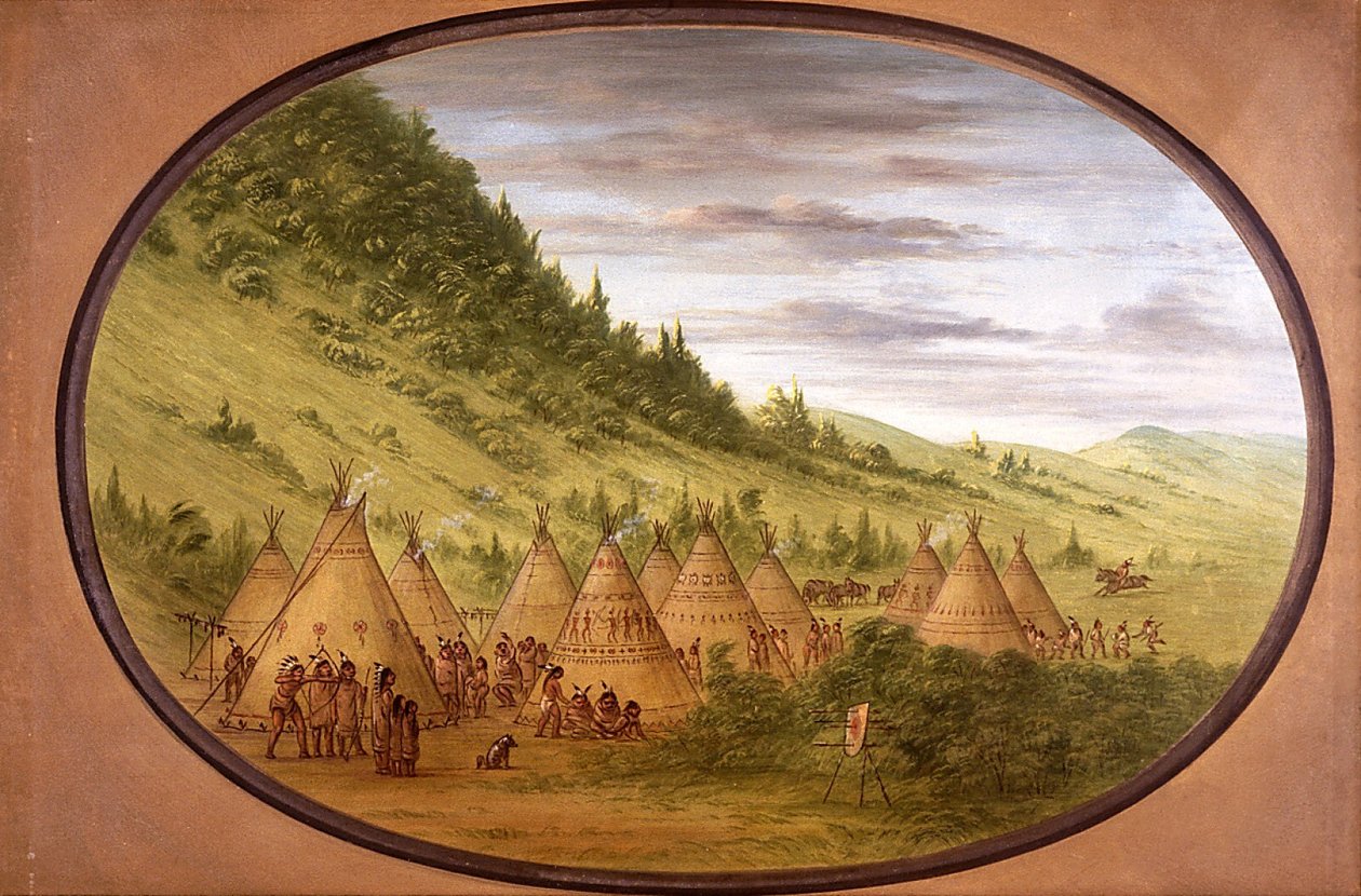 Ojibwe-kylä nahkatelttoineen tekijältä George Catlin