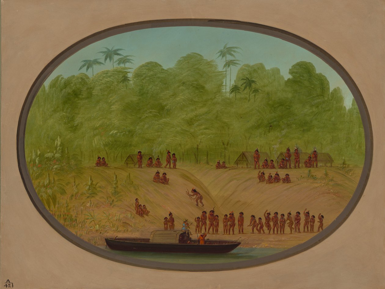 Omaguan kylä - Veneluonnos, 18541869. tekijältä George Catlin