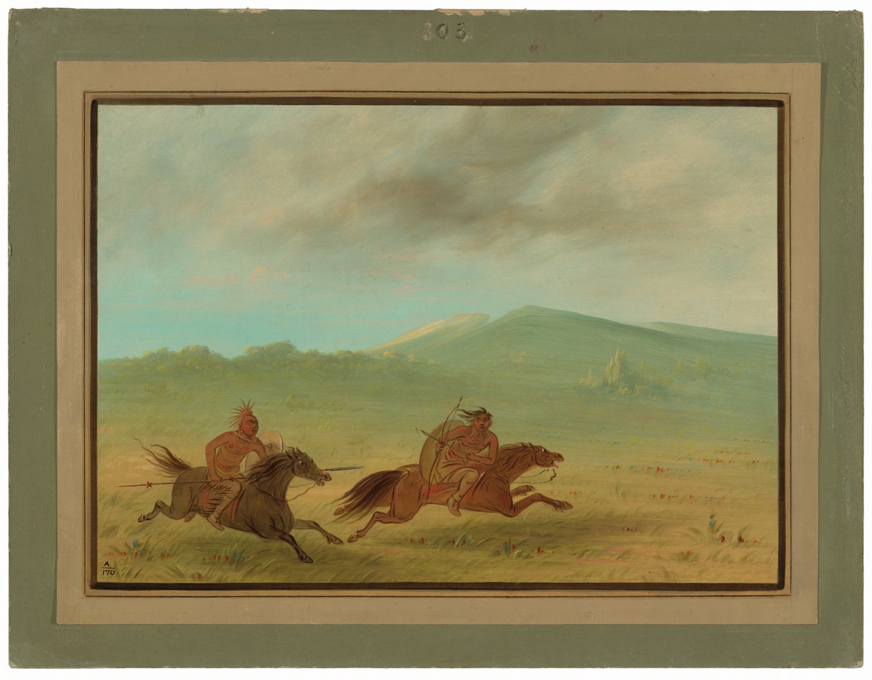 Osage-intiaani jahtaamassa Camancheeä tekijältä George Catlin
