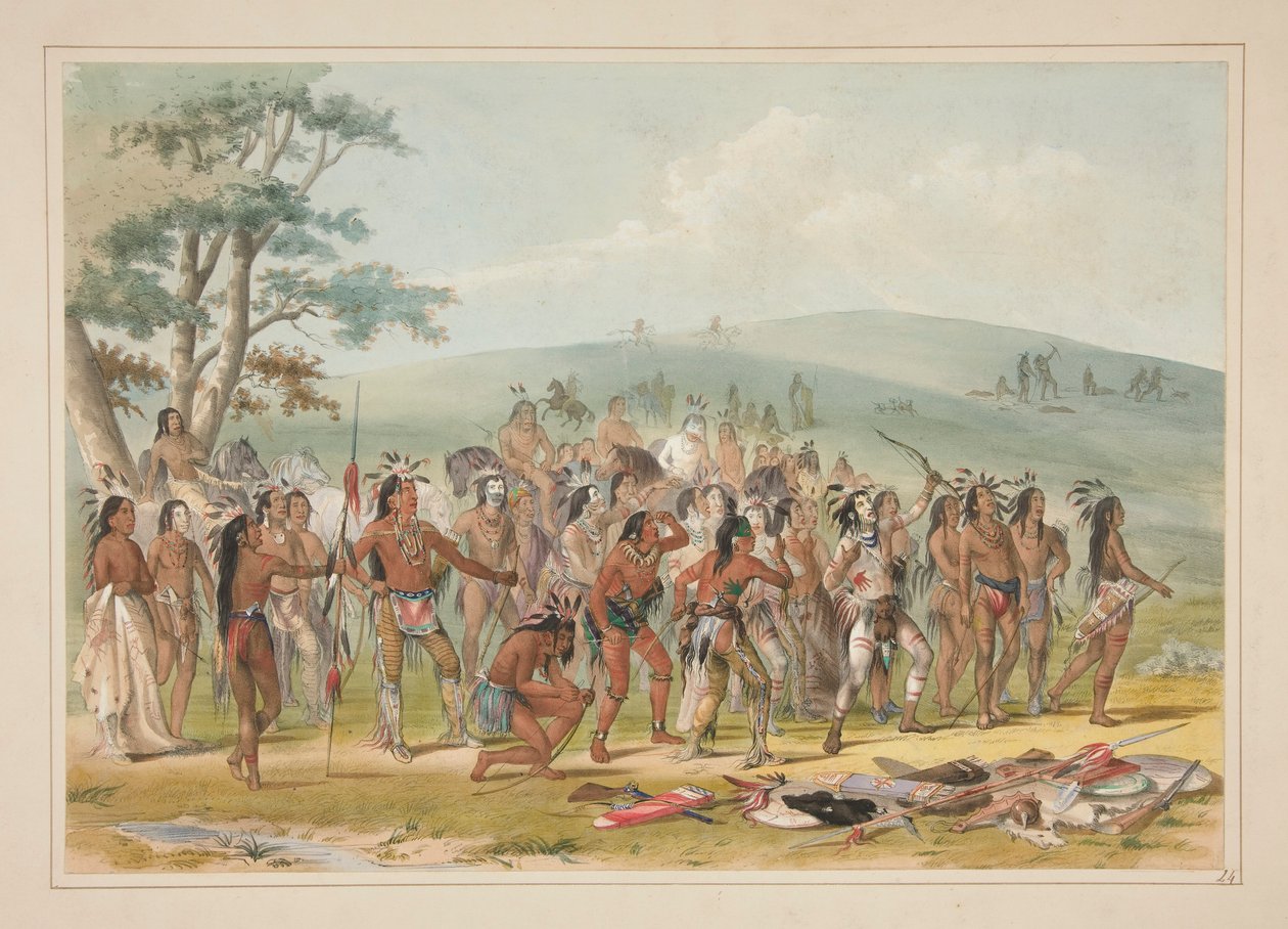 Mandanien jousiammunta, pl. 24 Pohjois-Amerikan intiaaniportfoliosta tekijältä George Catlin