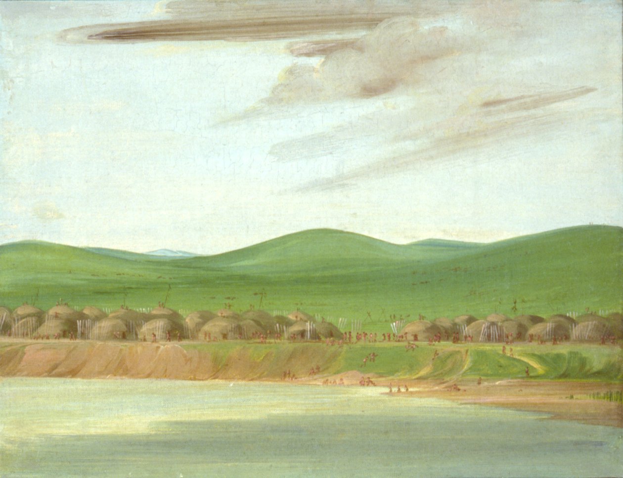 Arikara-kylä, 1600 mailia St. Louisin yläpuolella, maan peittämien loosien kylässä tekijältä George Catlin