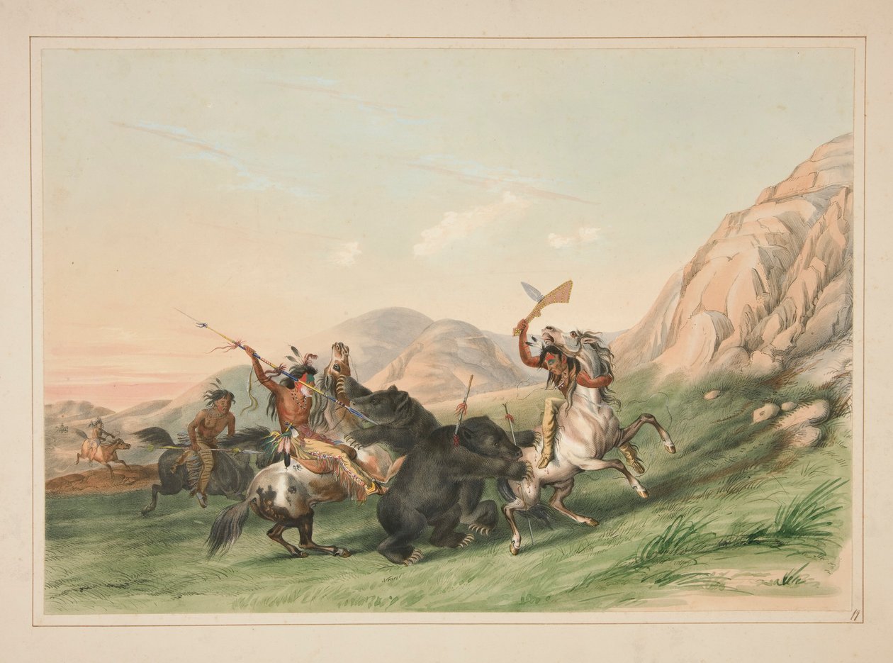 Hyökkäys Grizzly Beariin, pl. 19 Pohjois-Amerikan intiaaniportfoliosta tekijältä George Catlin