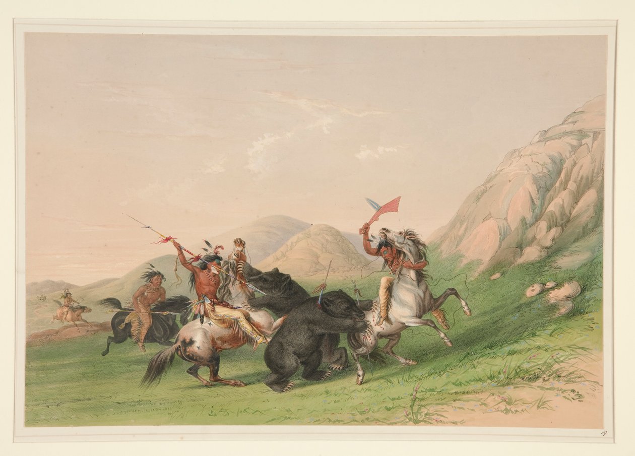Hyökkäys Grizzly Beariin, pl. 19 Pohjois-Amerikan intiaaniportfoliosta tekijältä George Catlin