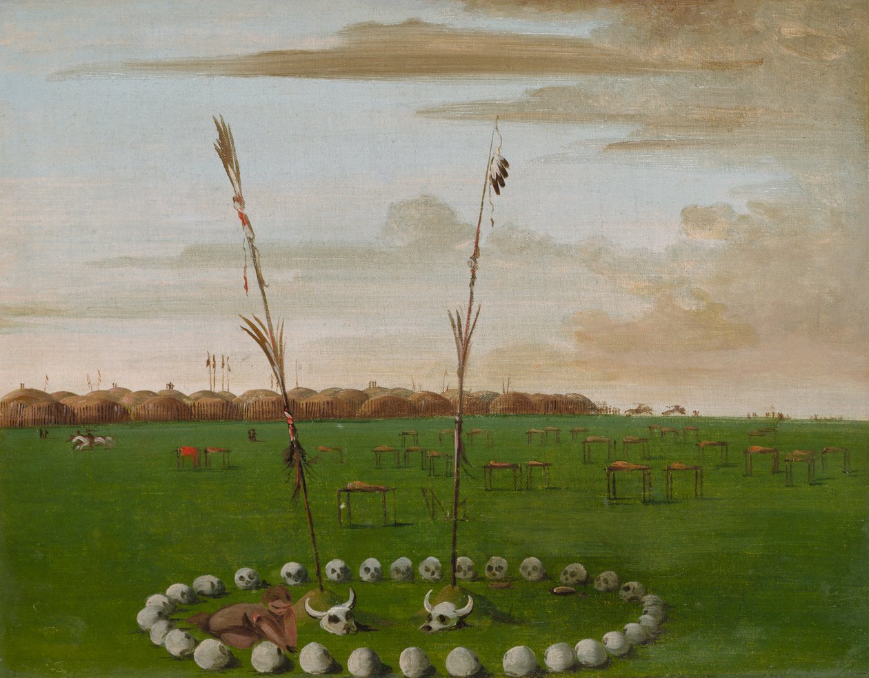 Takanäkymä Mandanin kylästä, jossa näkyy hautausmaa, 1832. tekijältä George Catlin