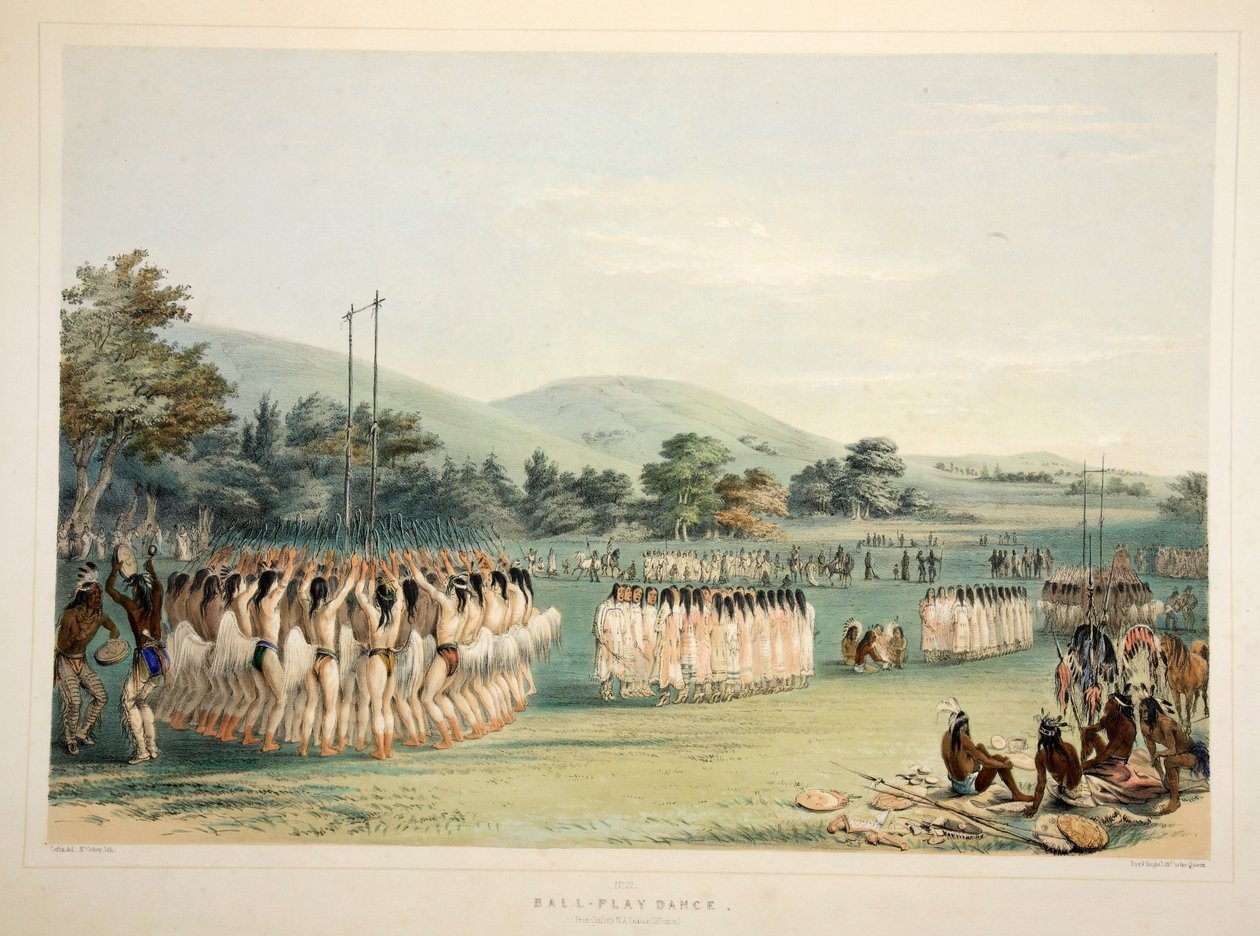 Pallopelaajatanssi, pubi. 1845 värilitografia. tekijältä George Catlin
