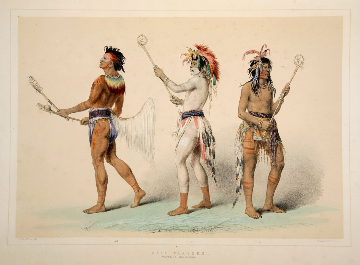 Pallopelaajat, pubi. 1845 värilitografia. tekijältä George Catlin