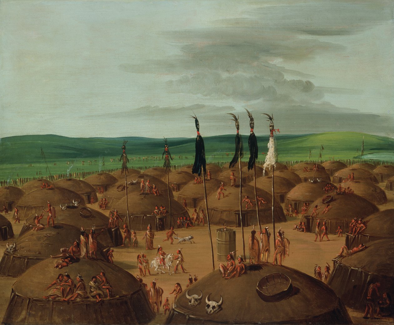 Lintuperspektiivinäkymä Mandanin kylään, 1800 mailia St. Louisin yläpuolella, 1837-1839. tekijältä George Catlin