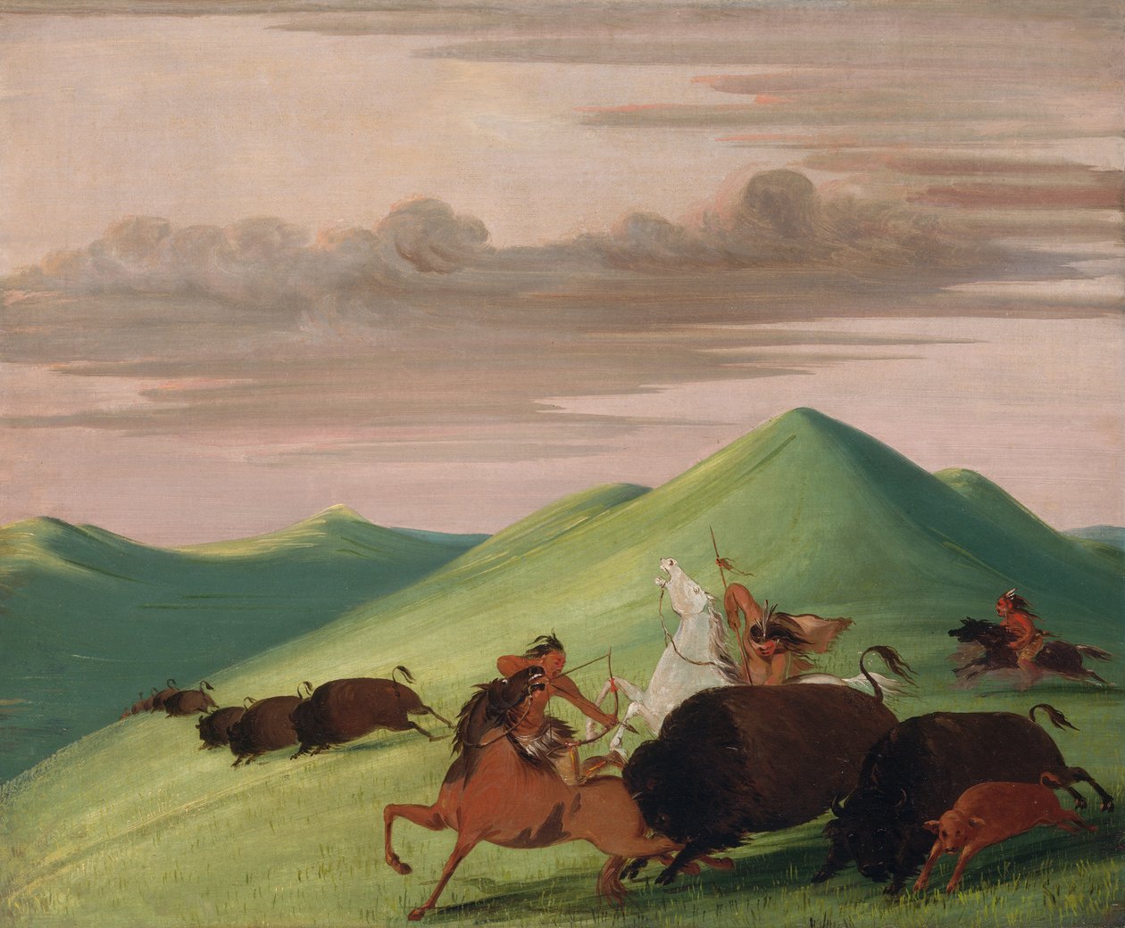 Buffalo Chase, Härkä suojelee lehmää ja vasikkaa, 1832-1833. tekijältä George Catlin