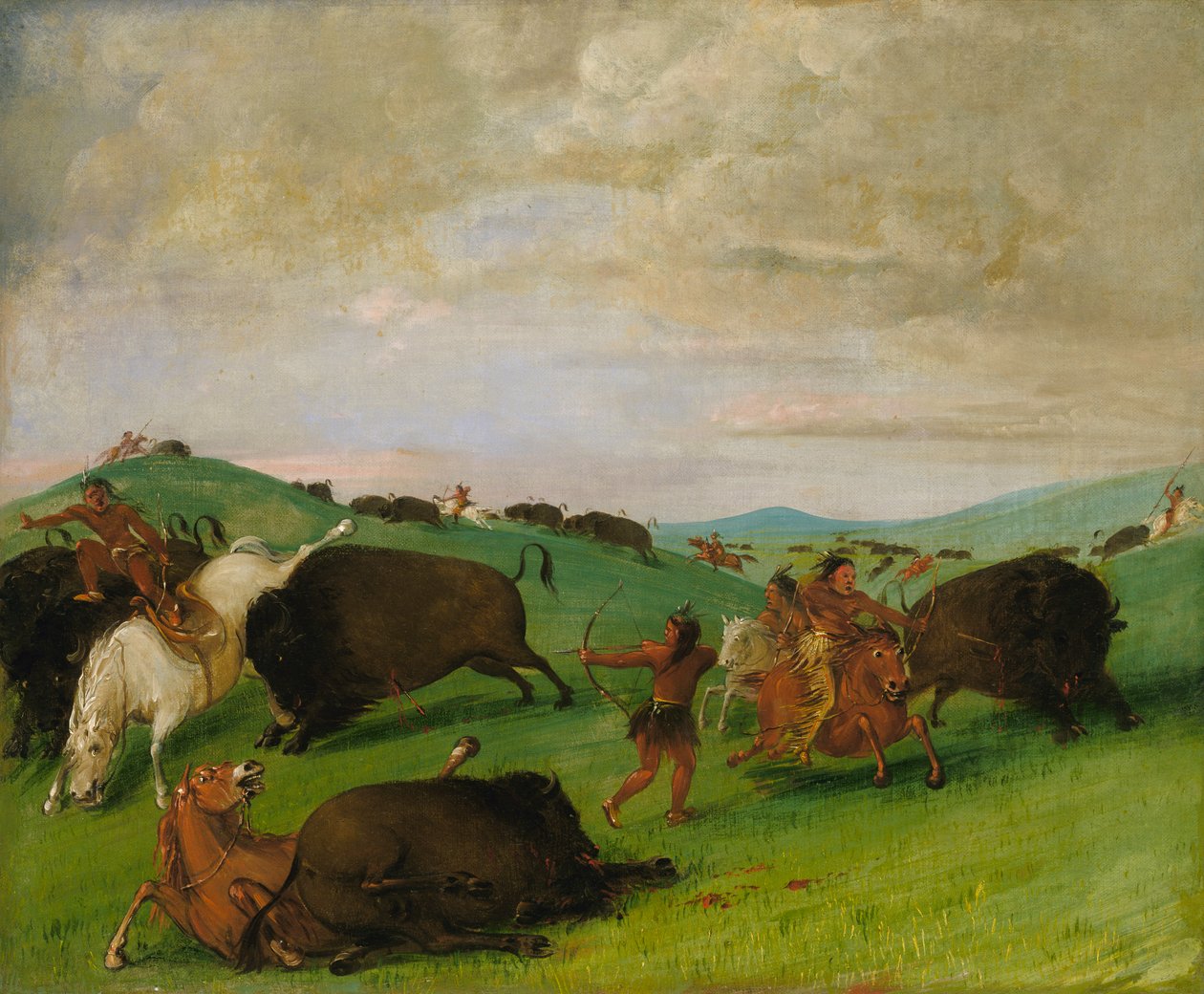 Buffalo Chase, Härät taistelevat miesten ja hevosten kanssa, 1832-1833. tekijältä George Catlin