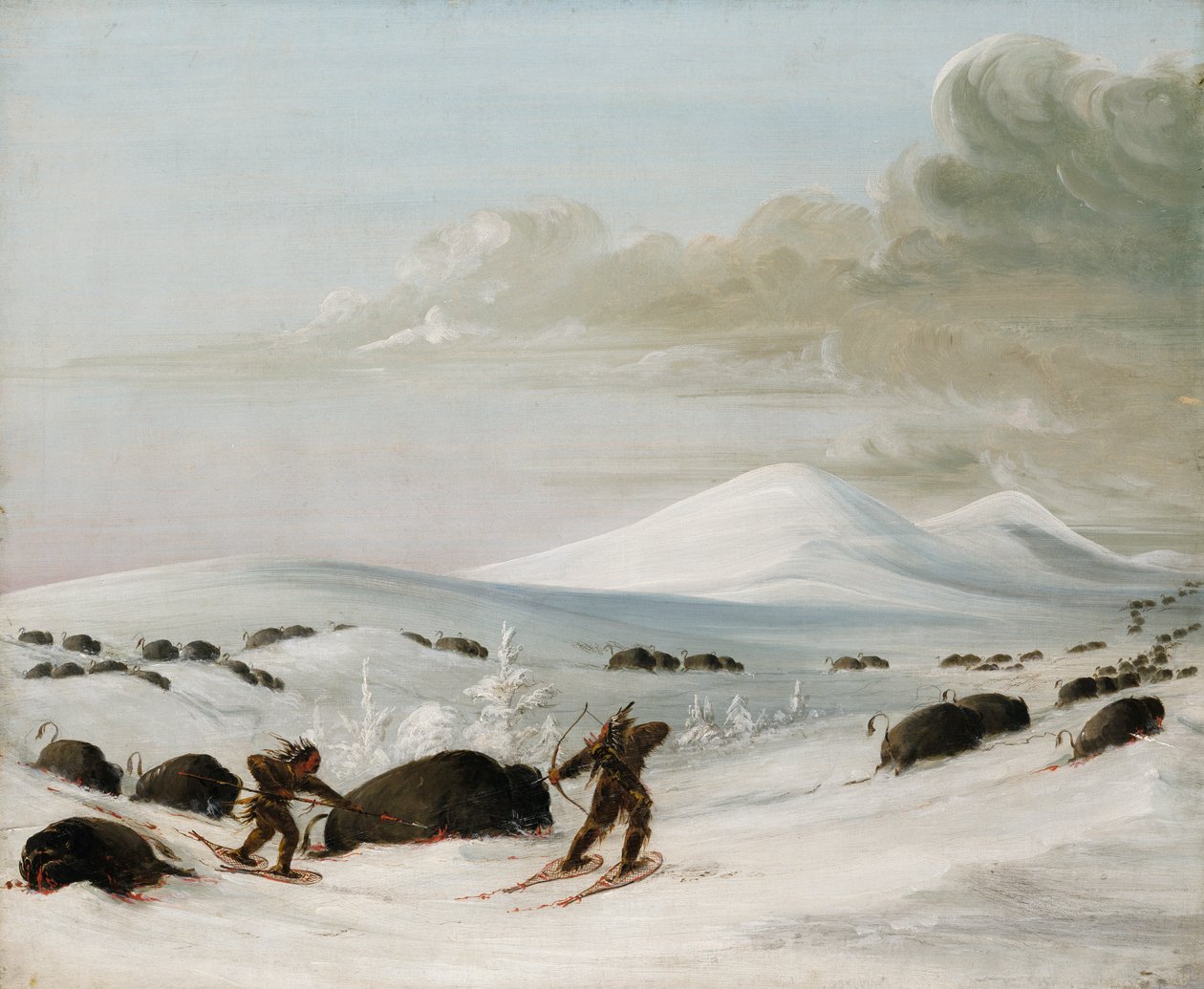 Buffalo Chase in Snowdrifts, Intiaanit jahtaavat lumikengillä, 1832-1833. tekijältä George Catlin