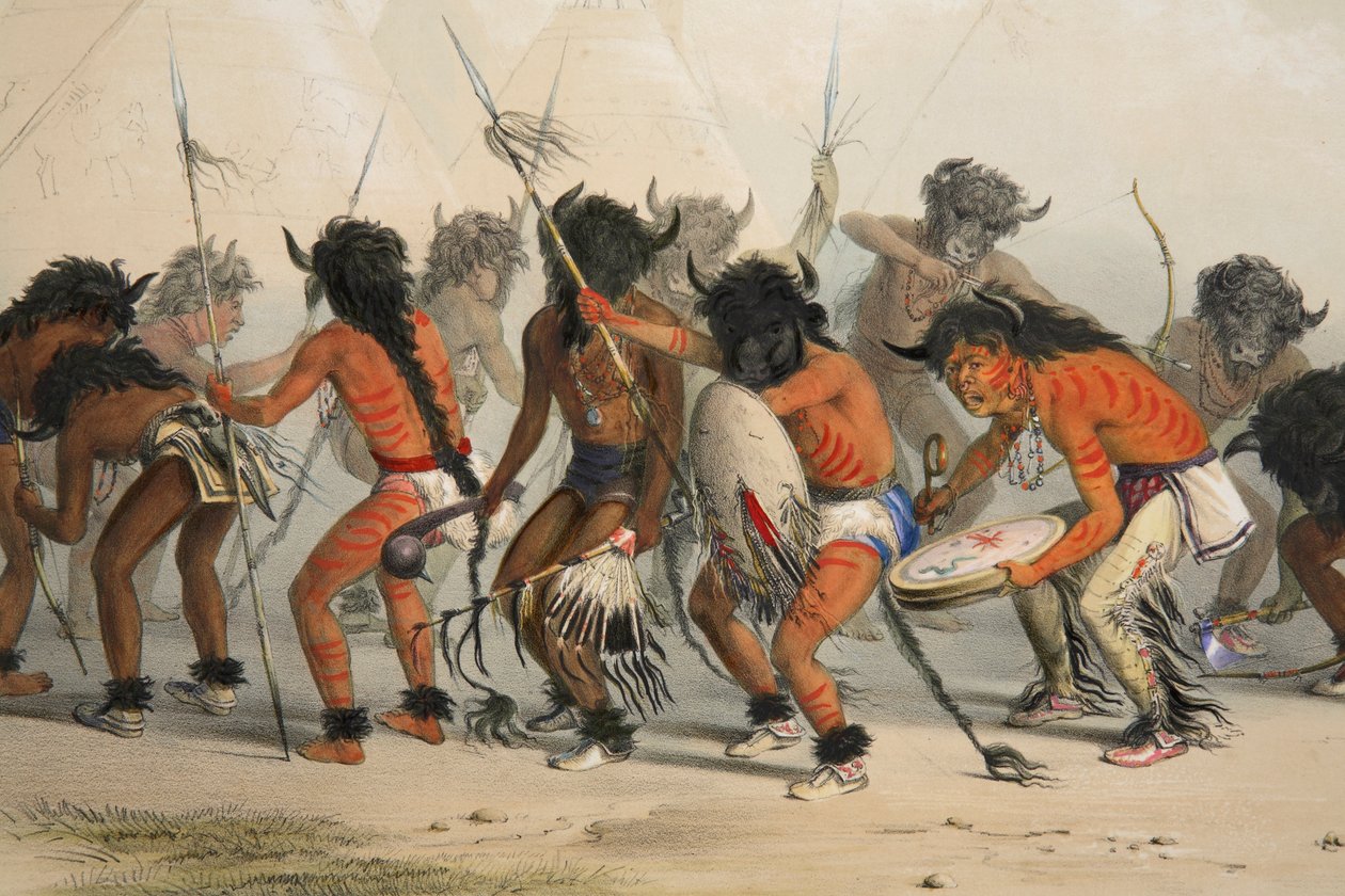 Detall de Buffalo Dance, pub. Litografia en color de 1845. finlandès tekijältä George Catlin