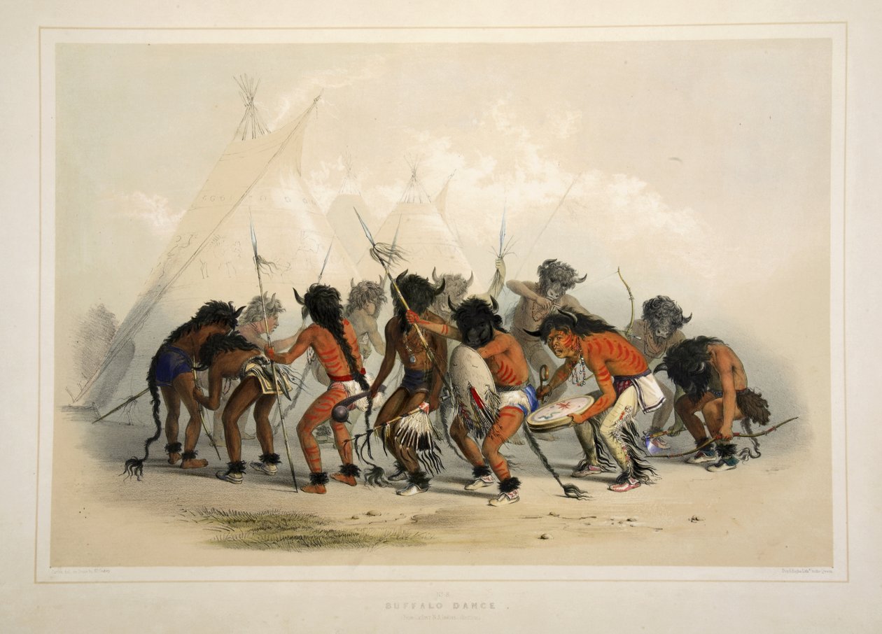 Buffalo Dance, Catlins North American Indian Portfoliosta. Metsästyskohtauksia ja huvituksia Kalliovuorista ja Amerikan preeriasta, pubi. 1845 tekijältä George Catlin